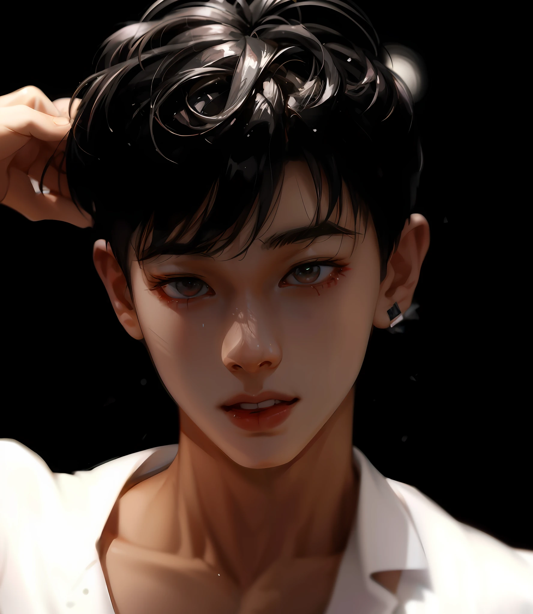 There is a young Asian man with a very short haircut, inspirado em Yanjun Cheng, Yanjun Chengt, Arte no estilo de Guweiz, Inspirado em Jeonseok Lee, inspirado em Yeong-Hao Han, Estilo anime 3D realista, portrait of kpop idol, Jinyoung Canela, Artista coreano, Directed by: Yanjun Cheng, inspirado em Russell Dongjun Lu