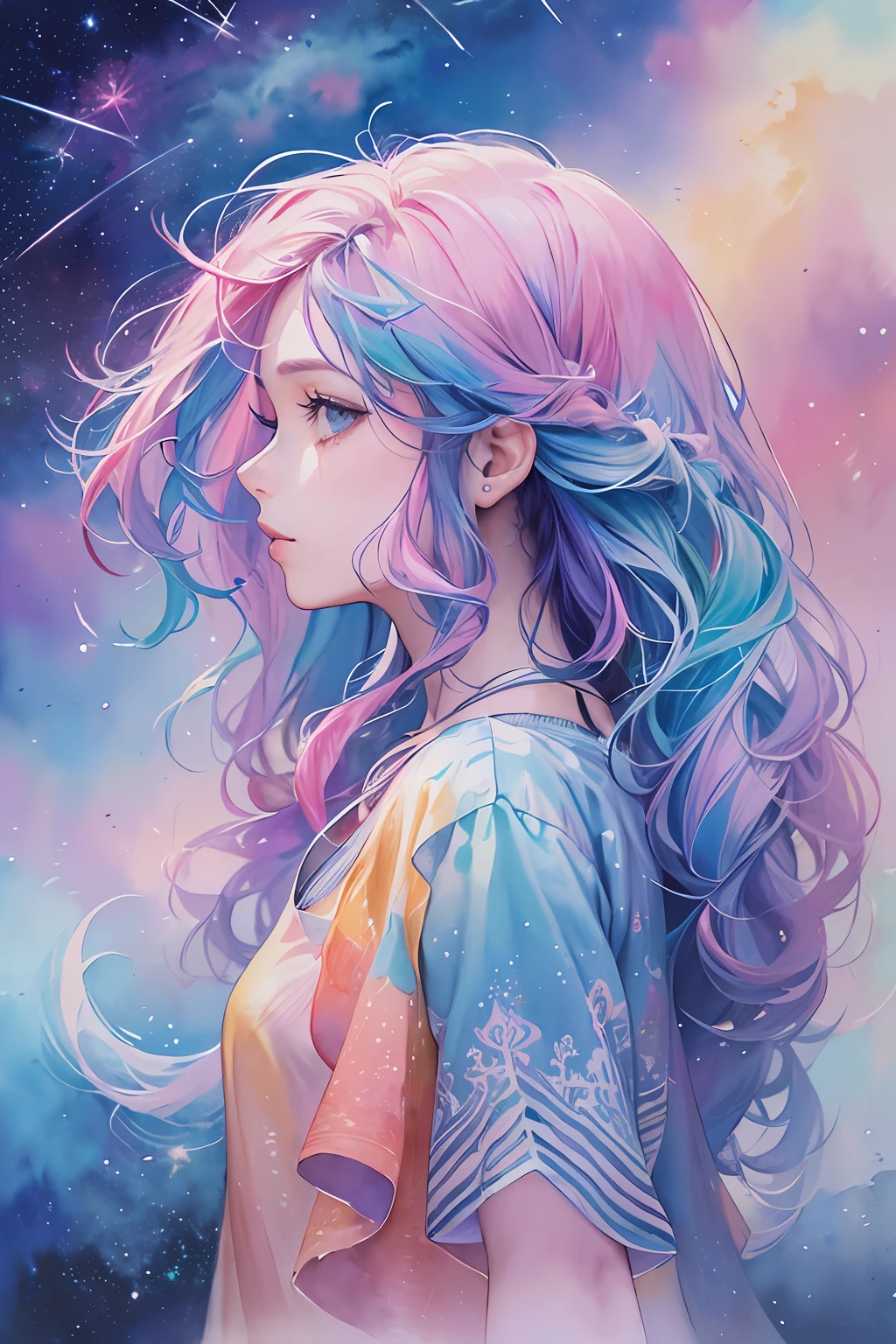 (masterpiece, top quality, best quality,watercolor (medium),official art, beautiful and aesthetic:1.2),(1girl:1.3), (fractal art:1.3),upper body, from side, looking at viewer,patterns,(rainbow color Hair,colorful hair,half blue and half pink hair:1.2),water,liquid, cloud,colorful, starry,stars,