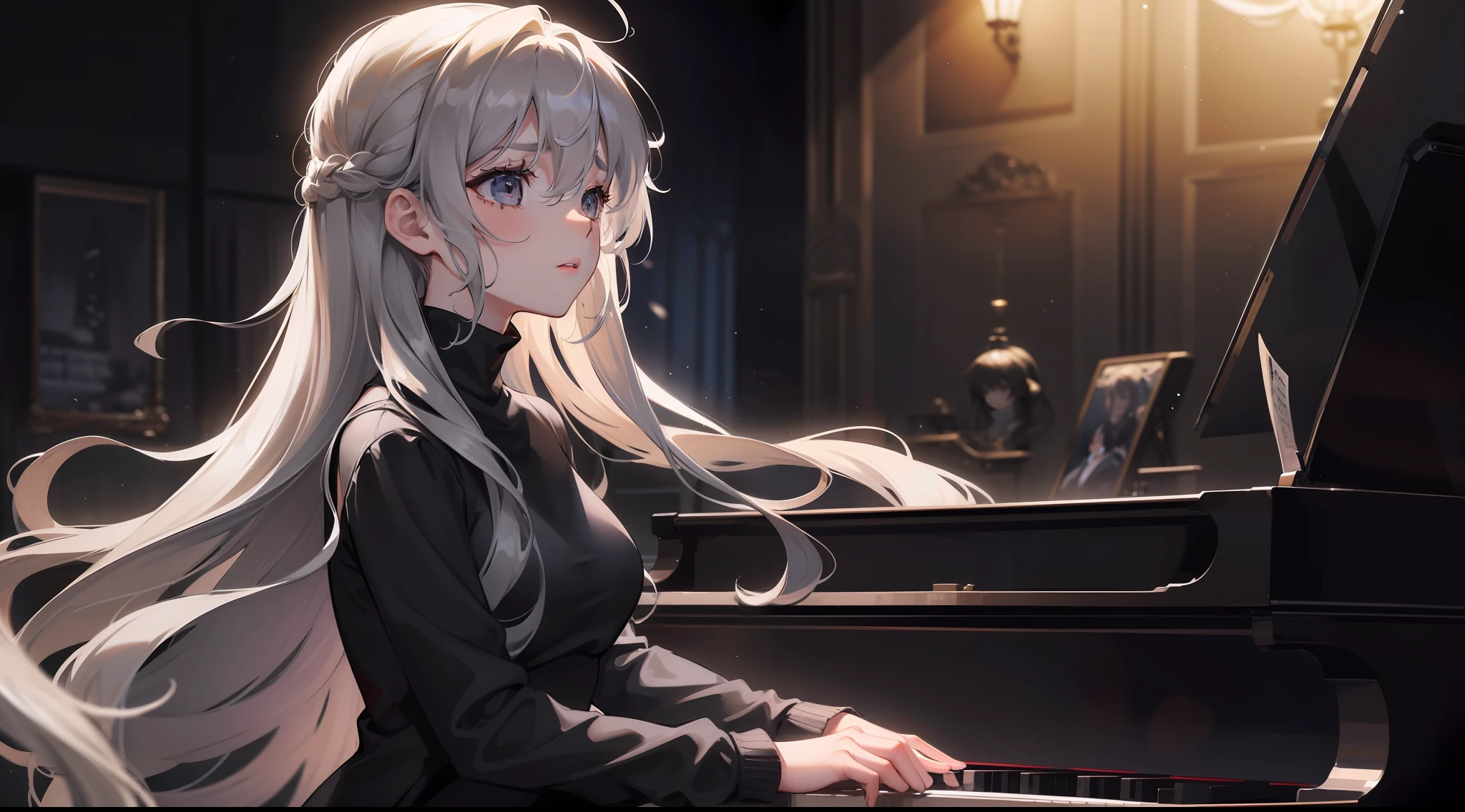 Girl has long wavy hair flowing in the air while she's emotionally playing PIANO and singing while looking sad, she wears black turtleneck. In a dark room that has only one sunlight, a sad atmosphere. SHE IS PLAYING THE PIANO