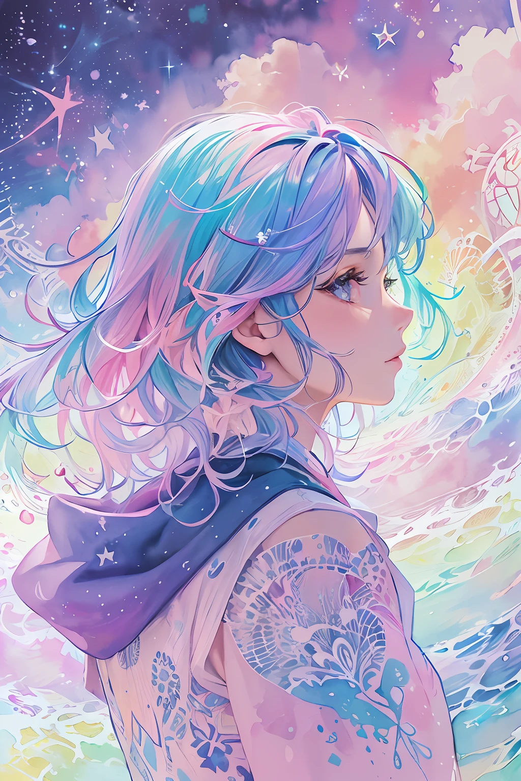 (masterpiece, top quality, best quality,watercolor (medium),official art, beautiful and aesthetic:1.2),(1girl:1.3), (fractal art:1.3),upper body, from side, looking at viewer,patterns,(rainbow color Hair,colorful hair,half blue and half pink hair:1.2),water,liquid, cloud,colorful, starry,stars,