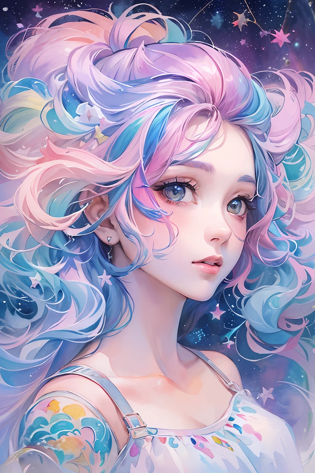 (masterpiece, top quality, best quality,watercolor (medium),official art, beautiful and aesthetic:1.2),(1girl:1.3), (fractal art:1.3),upper body, from side, looking at viewer,patterns,(rainbow color Hair,colorful hair,half blue and half pink hair:1.2),water,liquid, cloud,colorful, starry,stars,