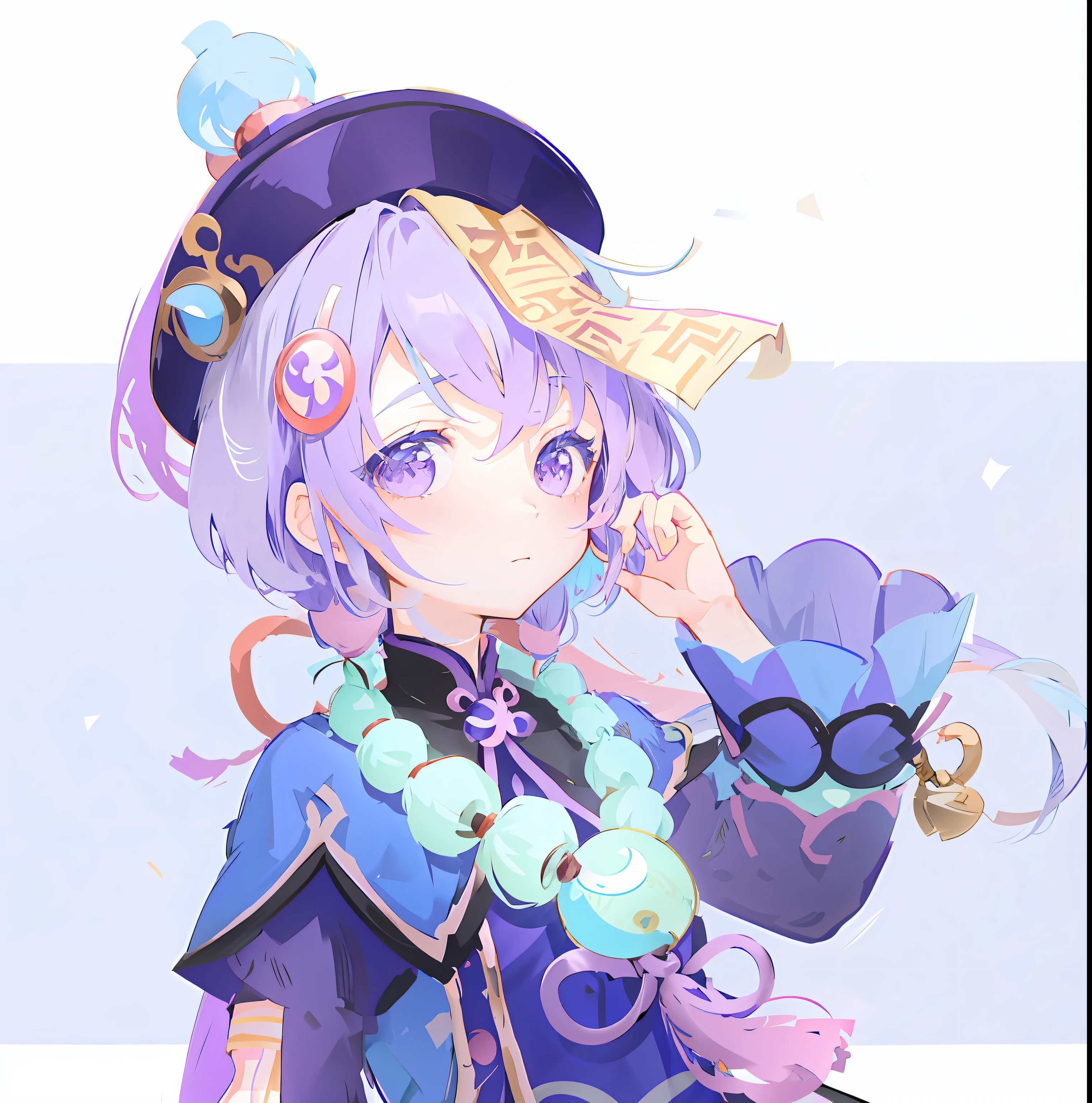 Anime girl with purple hair and blue dress holding purple hat, Keqing from Genshin Impact, zhongli from genshin impact, art style of rune factory 5, touhou character, author:Shitao, from touhou, , Genshin, alchemist girl, Guviz, high quality portrait, onmyoji portrait, discord profile picture