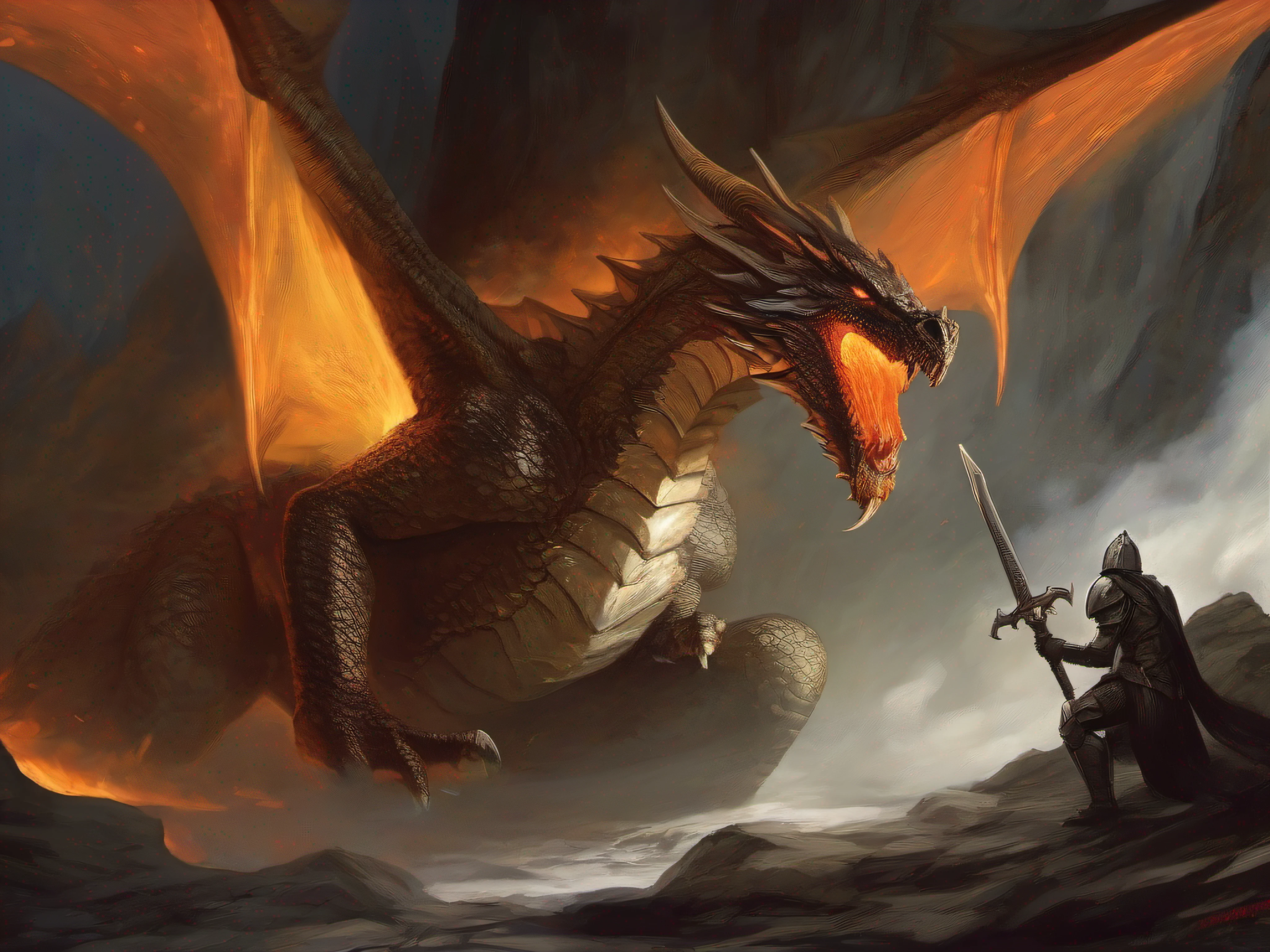 (masterpiece), (interior), (giant fierce flame breathing dragon:1.3), (armored knight), treasure, underground, (medieval), (sword), (shield), fantasy, (epic), siegfried, fafnir