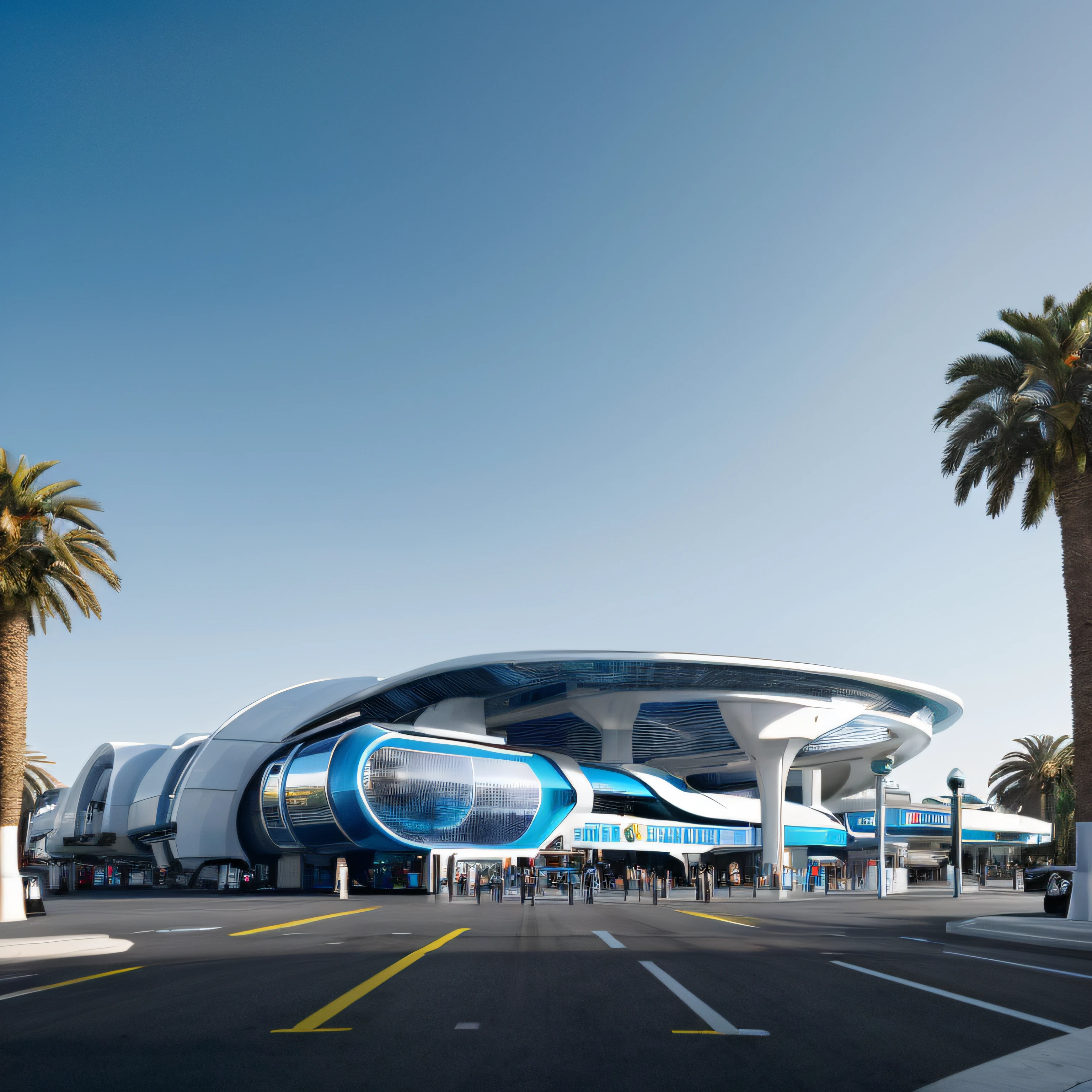 ((Masterpiece, Best quality)), 8K,gasstation,Canopy,pillar, modern architectural style, The color is bright,Space elements,epcot,photographrealistic, hyperedetailed photo, Clean skies, Lots of cars,lots of people,The atmosphere is lively,Ruined city, cyber punk perssonage, Sateen