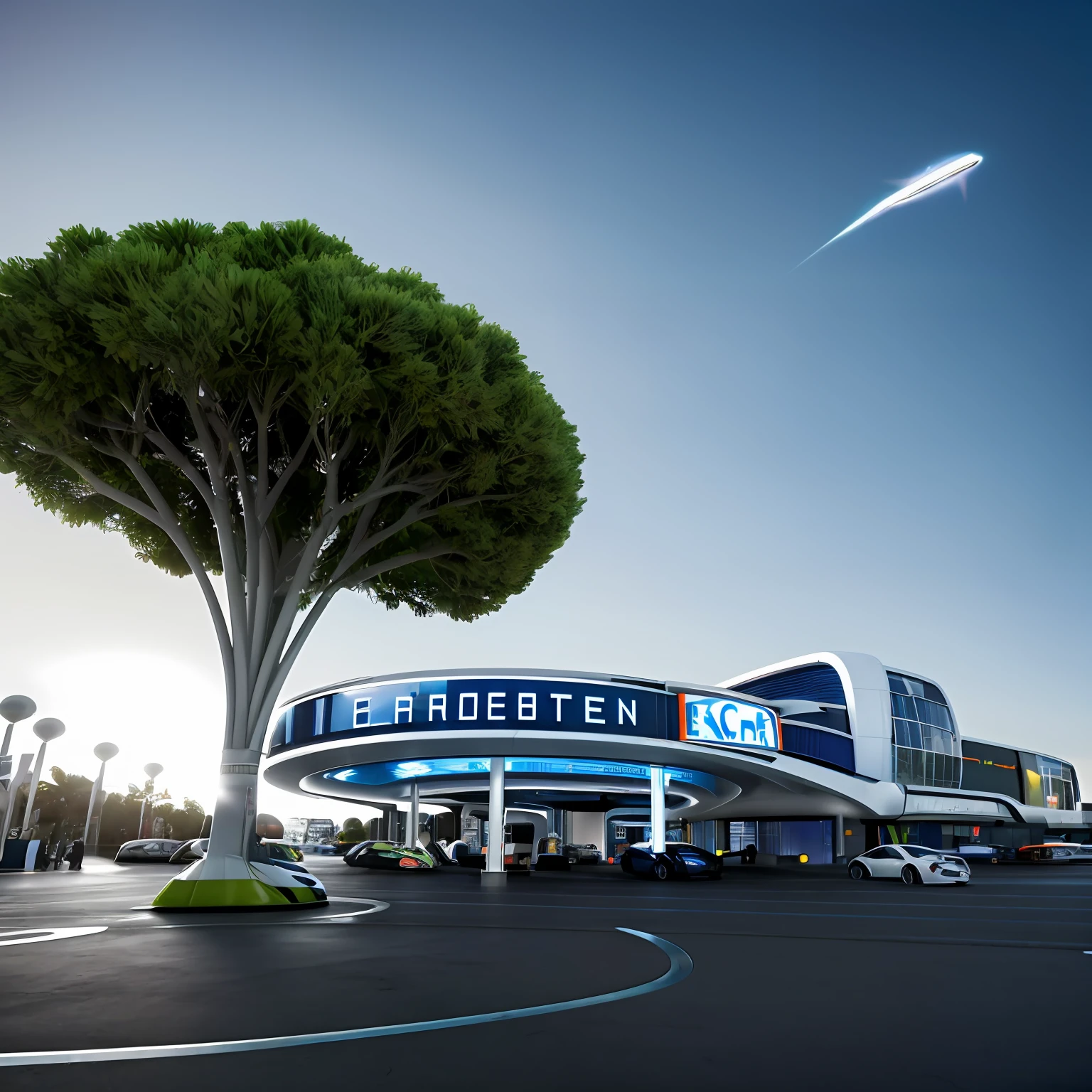 ((Masterpiece, Best quality)), 8K,gasstation,Canopy,pillar, modern architectural style, The color is bright,Space elements,epcot,photographrealistic, hyperedetailed photo, Clean skies, Lots of cars,lots of people,The atmosphere is lively,Ruined city, cyber punk perssonage, Sateen