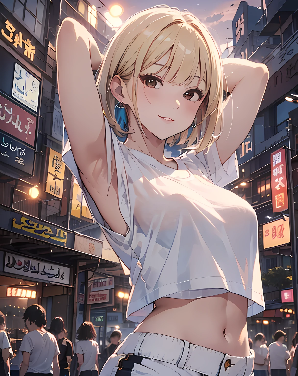 (((face close-up image:1.5, from below, POV, armpit focus, arms up, arms behind head))), (masterpiece, best quality:1.37), highres, ultra-detailed, ultra-sharp, BREAK, Korean school idol, (((1girl:1.37, solo))), (beautiful anime face, cute face, detailed face), (blonde hair:1.3, thin hair:1.3, (((extremely short hair:1.3))), bob-cut hair style, bangs, hime-cut), detailed beautiful cyan eyes, BREAK, ((detailed white T-shirt:1.5, shorts:1.5)), BREAK, lovely look, earing, detailed clothes), light smile, closed mouth, parted lips, pink lipstick, BREAK, ((looking straight at you, cowboy shot)), detailed human hands, HDTV:1.2, ((detailed sunset Egypt downtown street venue background:1.3)), 8 life size, slender:1.15, anime style, anime style school girl, perfect anatomy, perfect proportion, inspiration from Kyoto animation and A-1 picture, late evening, excellent lighting, bright colors, clean lines, photorealistic