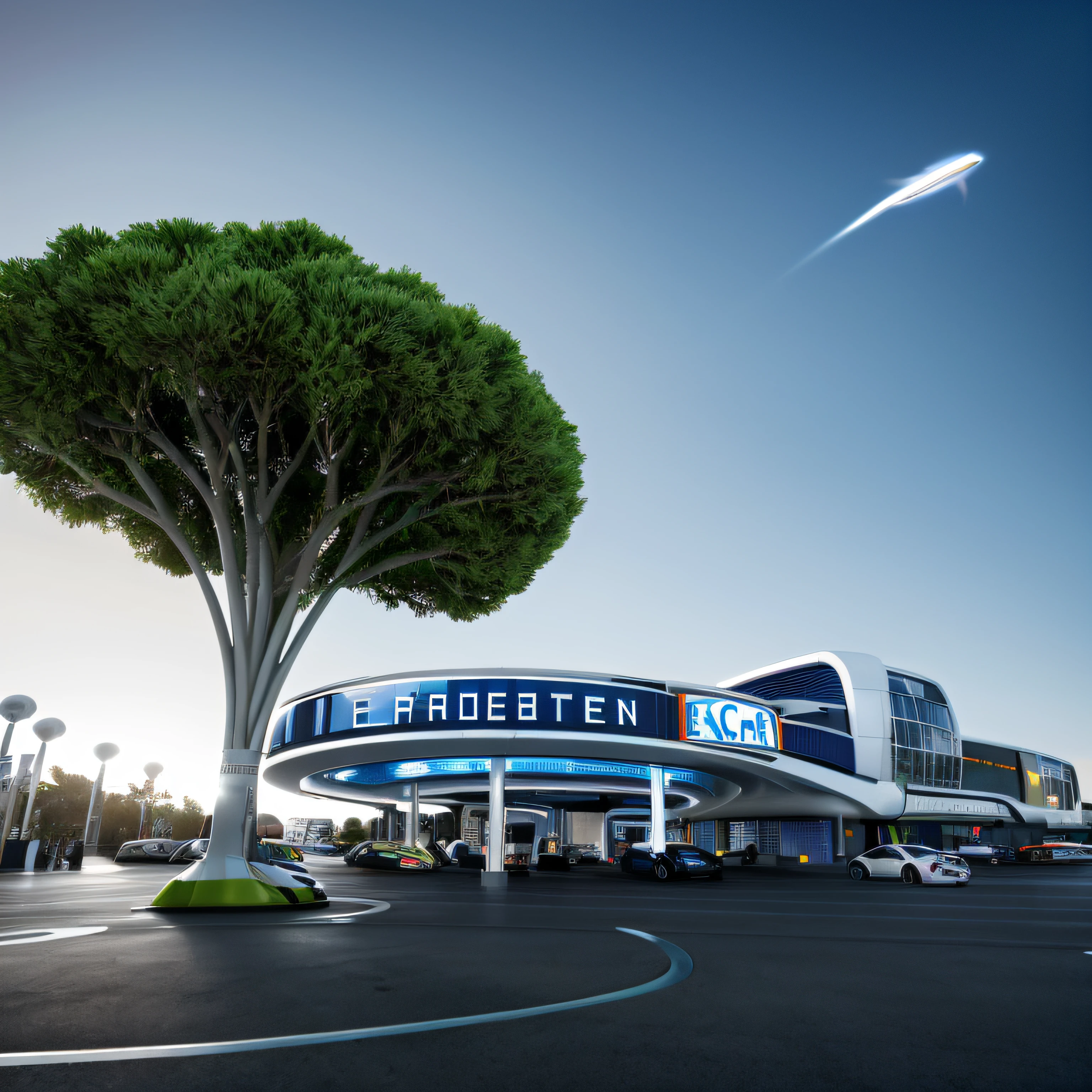 ((Masterpiece, Best quality)), 8K,gasstation,Canopy,pillar, modern architectural style, The color is bright,Space elements,epcot,photographrealistic, hyperedetailed photo, Clean skies, Lots of cars,lots of people,The atmosphere is lively,Ruined city, cyber punk perssonage, Sateen