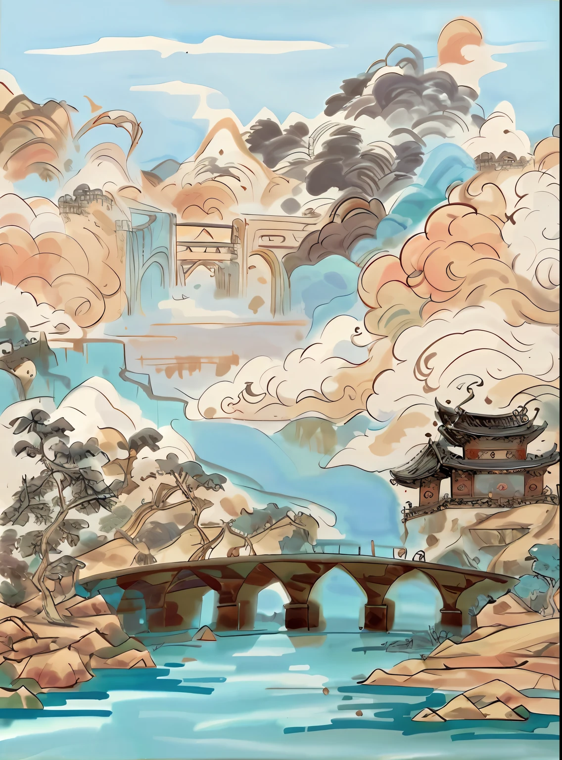 There is a painting of a bridge over the river,The background is mountains, inspired by Dong Yuan, Inspired by Yang Buzhi, inspired by Li Rongjin, dreamy Chinese towns, Inspired by Huang Shen, dreamland of chinese, artwork in the style of z.Show on the. gu, Chinese watercolor style, inspired by Gong Xian, floating lands in-clouds