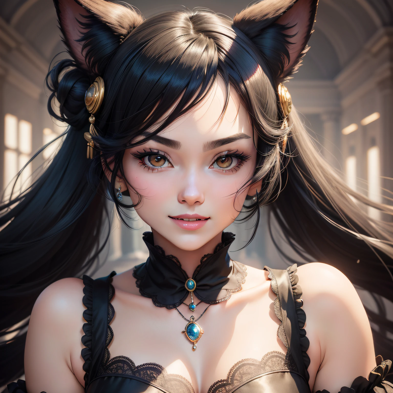 black hair, hair bobbles, wince, longeyelashes, solid circle eyes, fake animal ears, light smile, ear blush, fang, Surrealism, drop shadow, anaglyph, stereogram, tachi-e, pov, atmospheric perspective, rococo style, rococo style, rococo style, 8k, super detail, ccurate, best quality