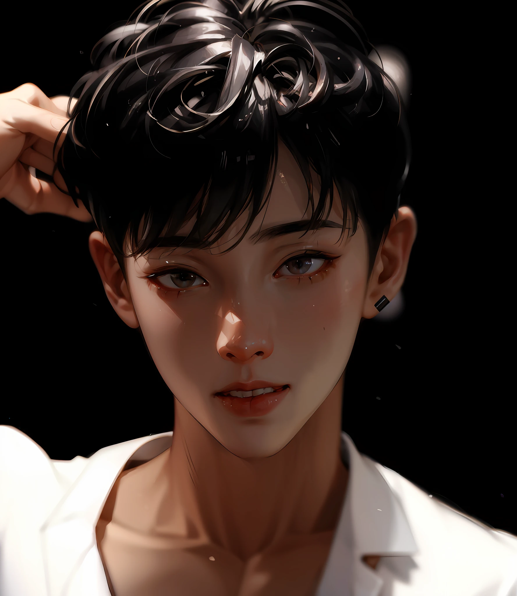 There is a young Asian man with a very short haircut, inspirado em Yanjun Cheng, Yanjun Chengt, Art not Guweiz style, Inspirado em Jeonseok Lee, inspirado em Yeong-Hao Han, Estilo de anime 3D realista, portrait of kpop idol, Jinyoung Canela, Artista coreano, Directed by: Yanjun Cheng, inspirado em Russell Dongjun Lu