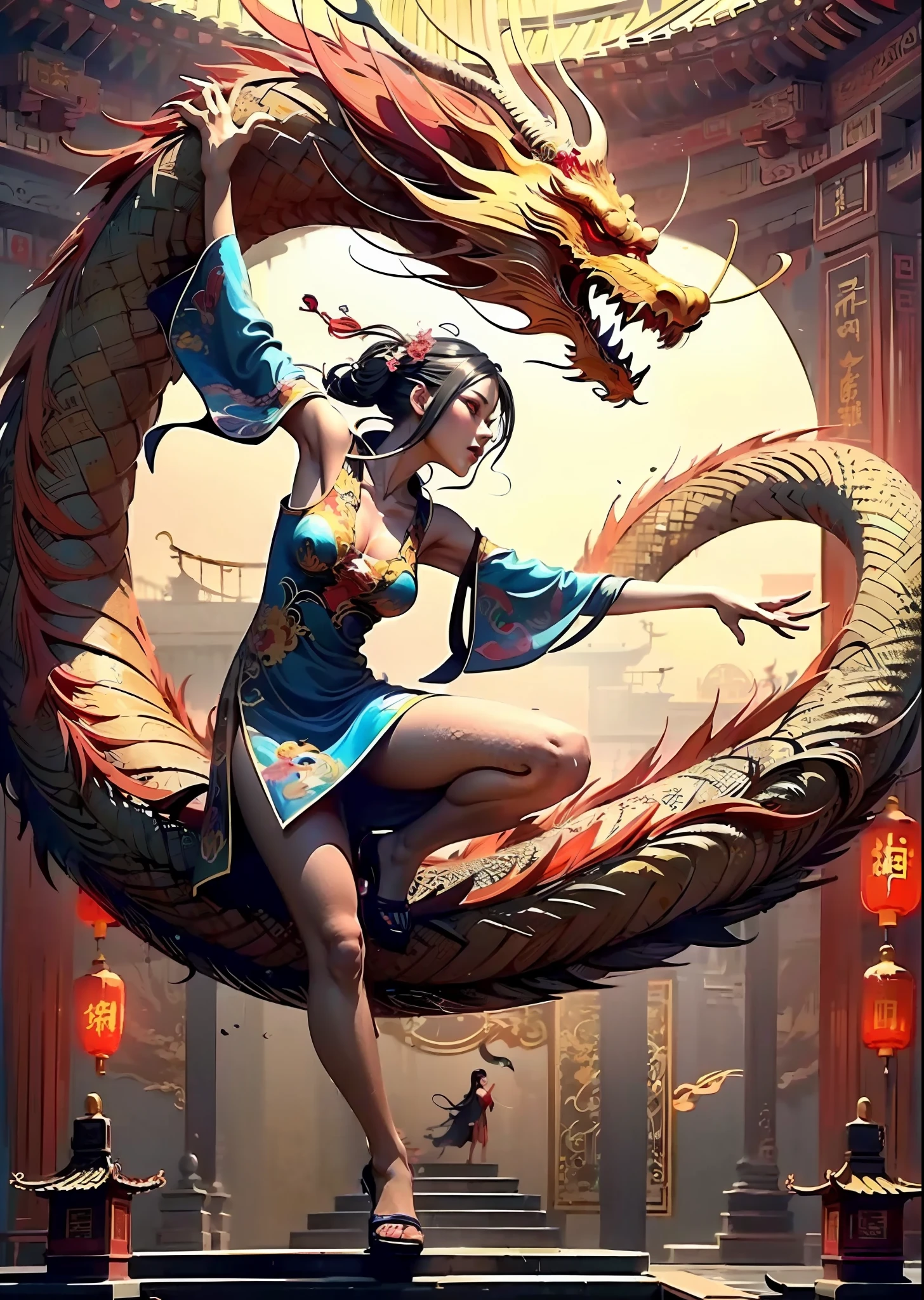 1girl,((dancing with a big Chinese dragon flying around)), full body, (masterpiece:1.21), (best quality:1.2), colorful, (illustration:1.2), (cinematic lighting:1.1), (bare shoulders:1.21), (collarbone:1.21), phoenix dress,(pagoda yard background)