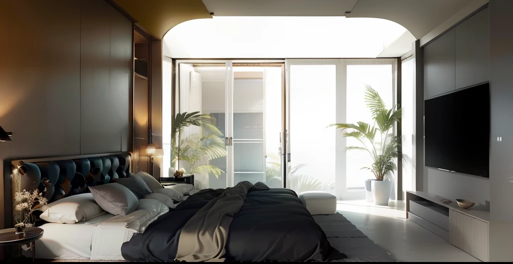 "Modern decor with a cozy fur carpet under the bed, leading to a tropical garden outside the corridor through large windows, bathed in daylight."