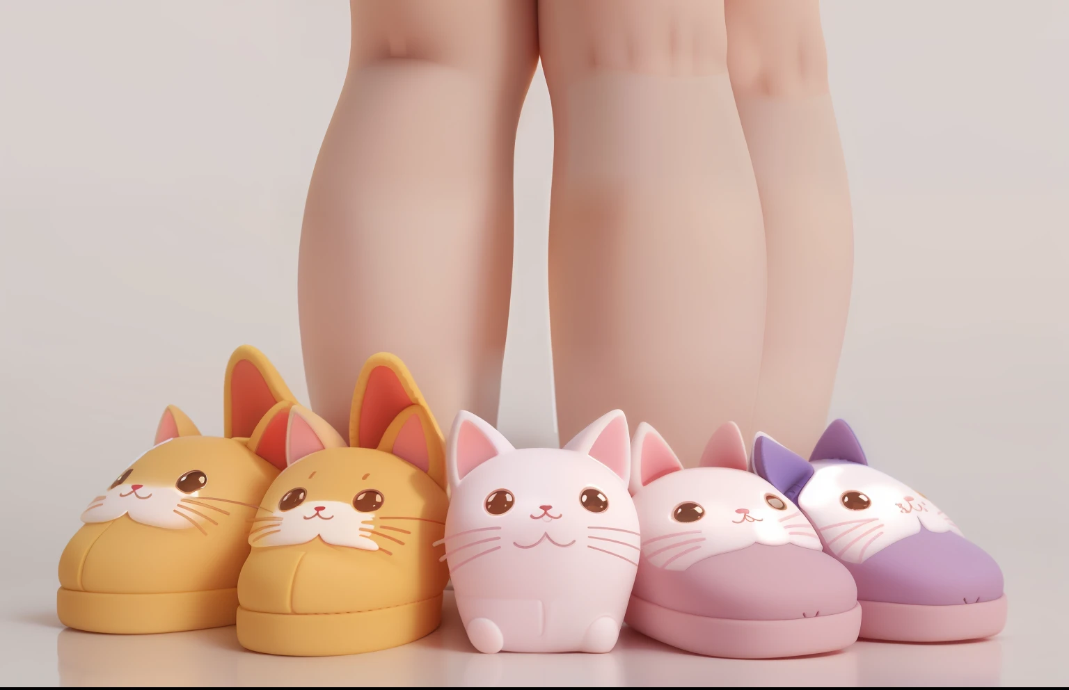 Three EVA slippers in different colors，Cat and dog design, cute design, toy design, Cute features, product design shot, very cute features, nano, bottom - view, incubator medpods, silicone patch design, Various colors, cute artwork, Cute!, cute 3 d render, bottom angles, kawaii hq render, product design concept, product design render, cas