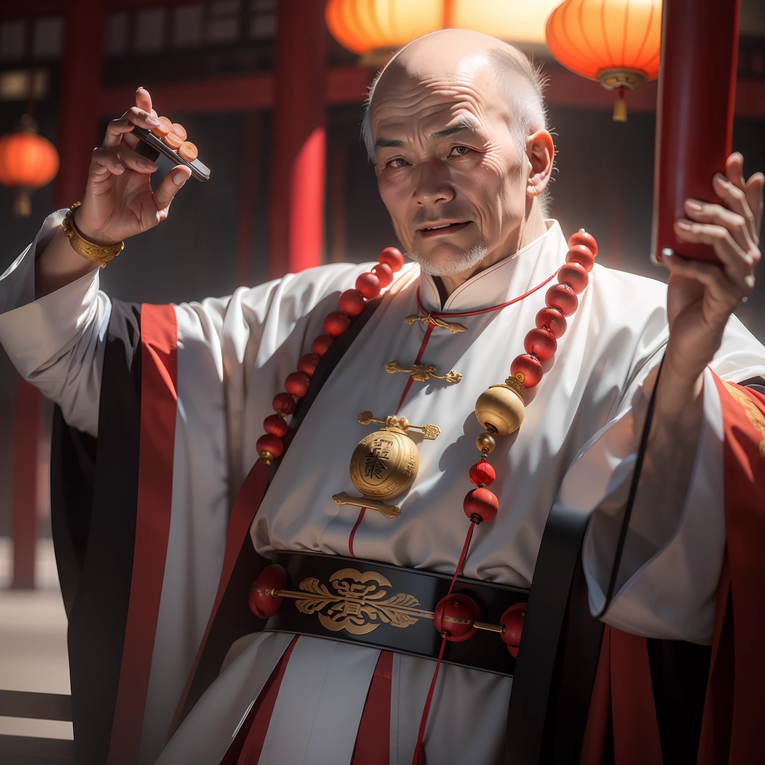 Han Chinese，A balding old man wearing a traditional Chinese cassock，The phone holds a gold ingot，red colour，jubilation，a cassock，Temple，k hd，真实感，超高分辨率，Prayer beads