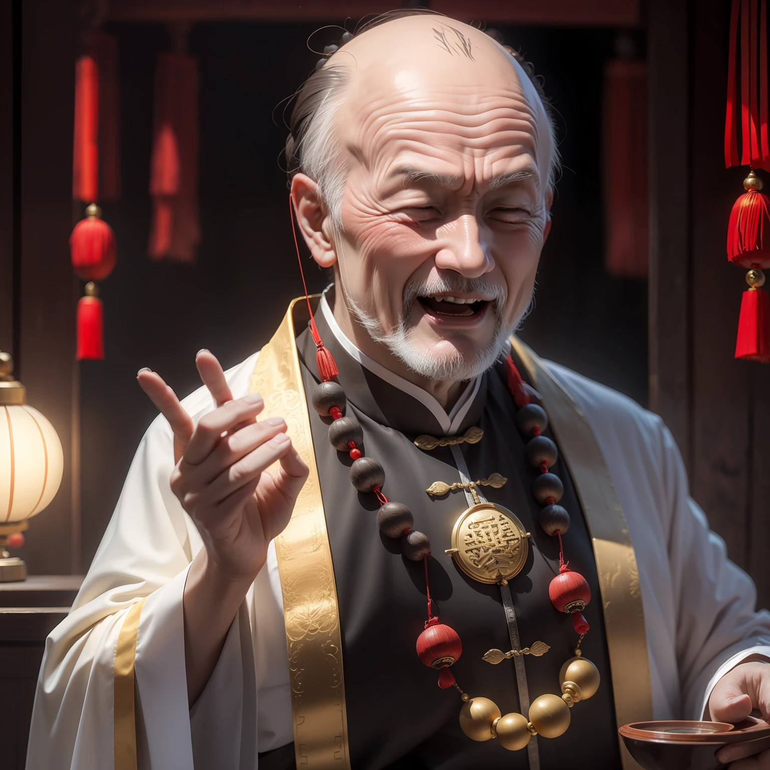 Han Chinese,A balding old man wearing a traditional Chinese cassock,The phone holds a gold ingot,red colour,jubilation,a cassock,Temple,k hd,真实感,超高分辨率,Prayer beads