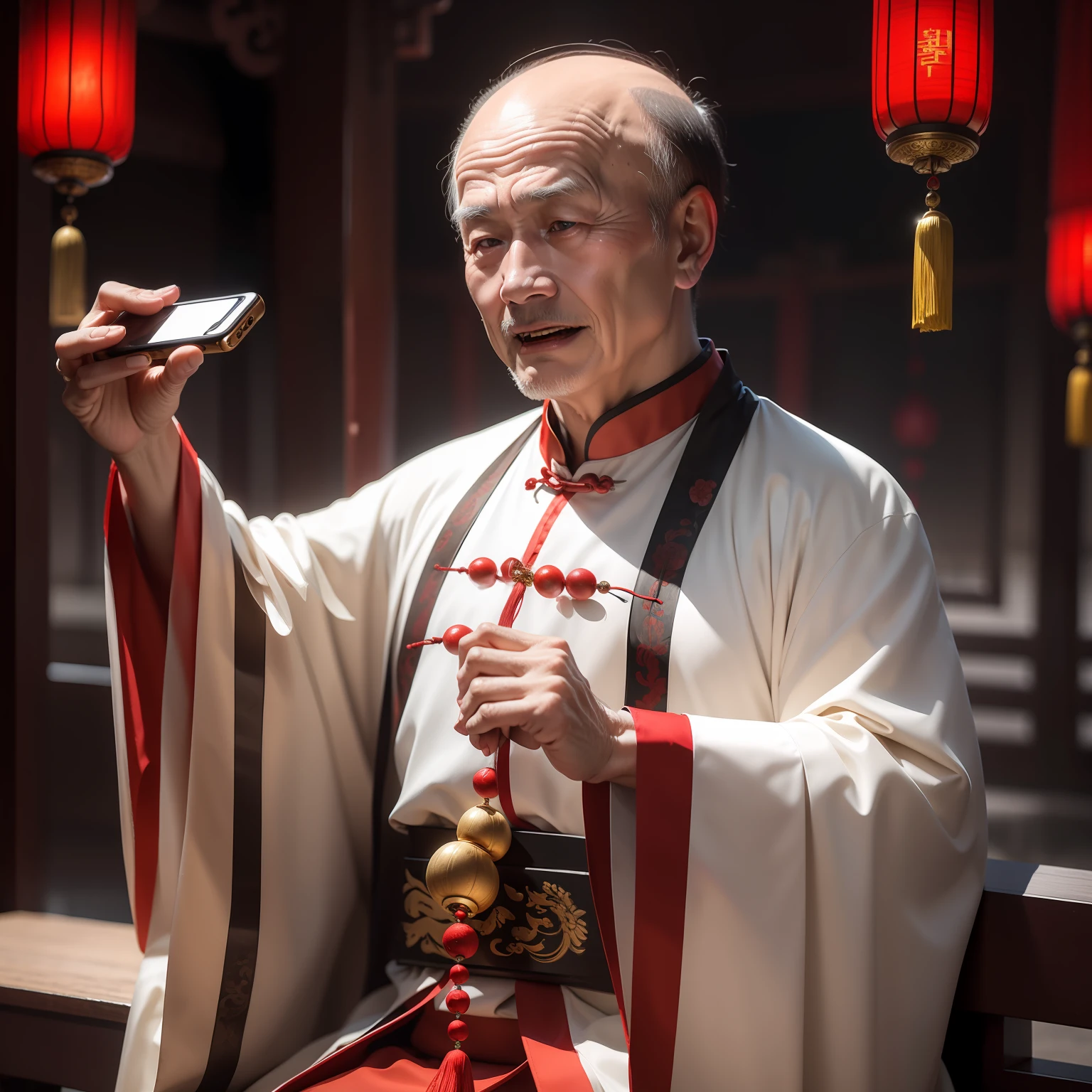 Han Chinese，A balding old man wearing a traditional Chinese cassock，The phone holds a gold ingot，red colour，jubilation，a cassock，Temple，k hd，真实感，超高分辨率，Prayer beads