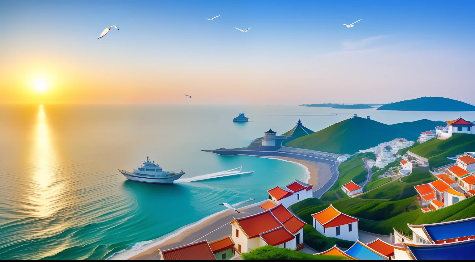 Chinese seaside town，Refreshing sea breeze，and the sun was shining brightly。(suns+Bright light)Shine all over town。(seagulls)soaring through the sky，(Sail ships)Drifting on the sea，(warships)Determined and strong。Distant ones(the sea)Endless，Magnificent。(Clouds)Fluttering，Add layers to the entire view。(Golden sunrise)Dye the horizon red，too many beautiful things。Every courtyard in the town is tree-lined，Silence is the background。(greys、white seagull)Show on the(Blue sky)Dance in the middle，It gives a feeling of lightness。Green and safe，Seagulls fly in the sky，The sky is full of sunset colors