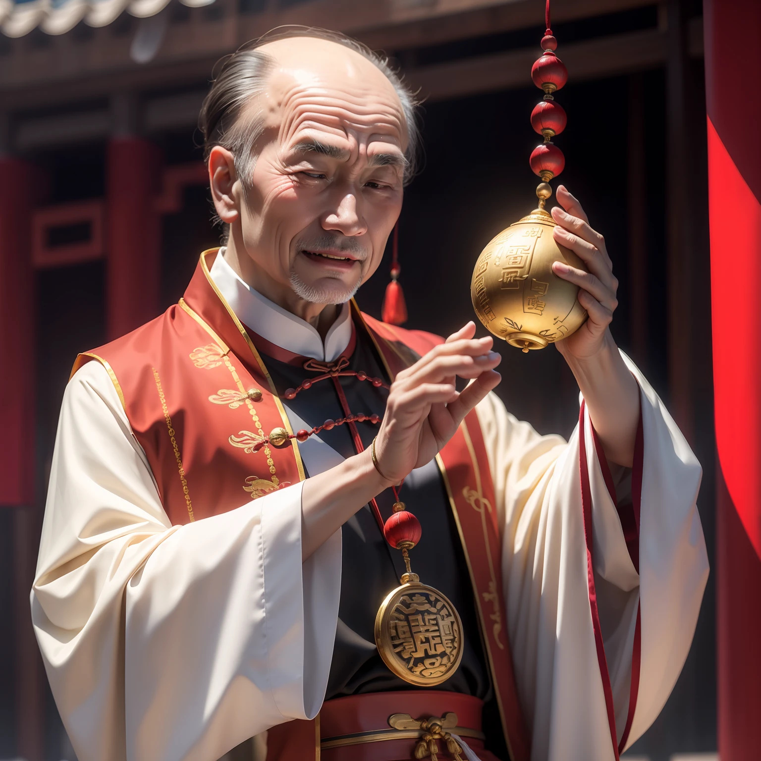 Han Chinese,A balding old man wearing a traditional Chinese cassock,The phone holds a gold ingot,red colour,jubilation,a cassock,Temple,k hd,真实感,超高分辨率,Prayer beads