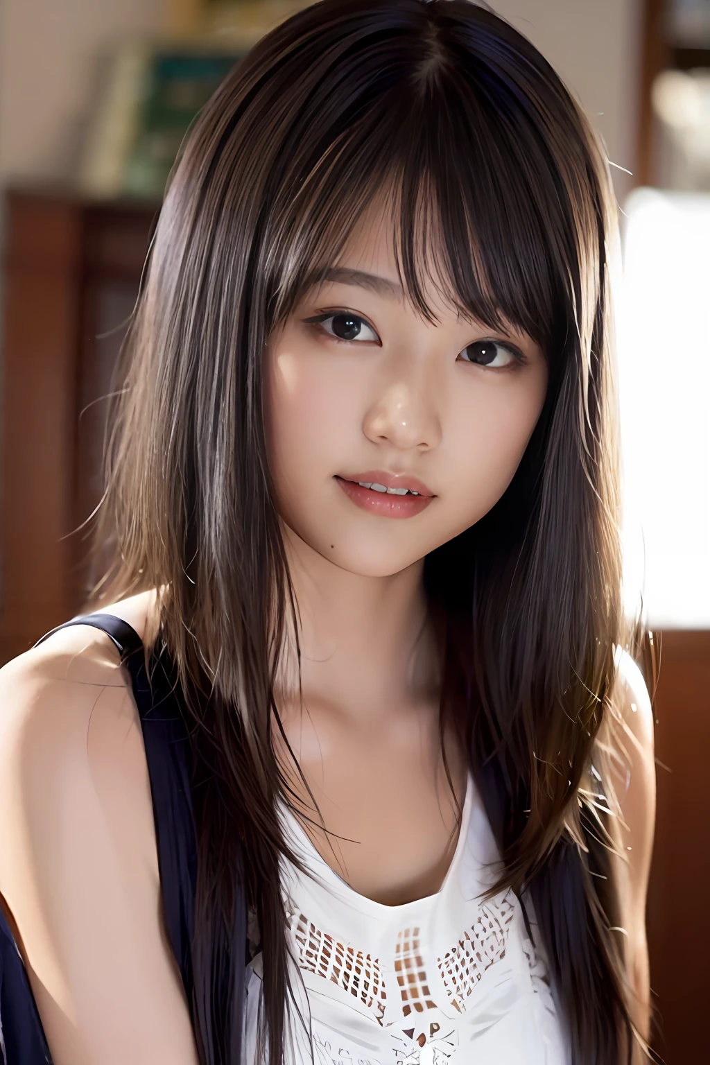 (8K、Raw photography、top-quality、masterpiece:1.2)、(realisitic、Photorealsitic:1.37)、ultra-detailliert、超A high resolution、女の子1人、see the beholder、beautifull detailed face、A smile、Whole body 3/4、Ultra mini skirt、Tank Tops、poneyTail、Beautiful belly button、Beautiful bust、Constriction、(Slim waist) :1.3)、The shirt、Beautiful detailed skin、Skin Texture、floated hair、profetional lighting、middlebreasts、eyes gentle