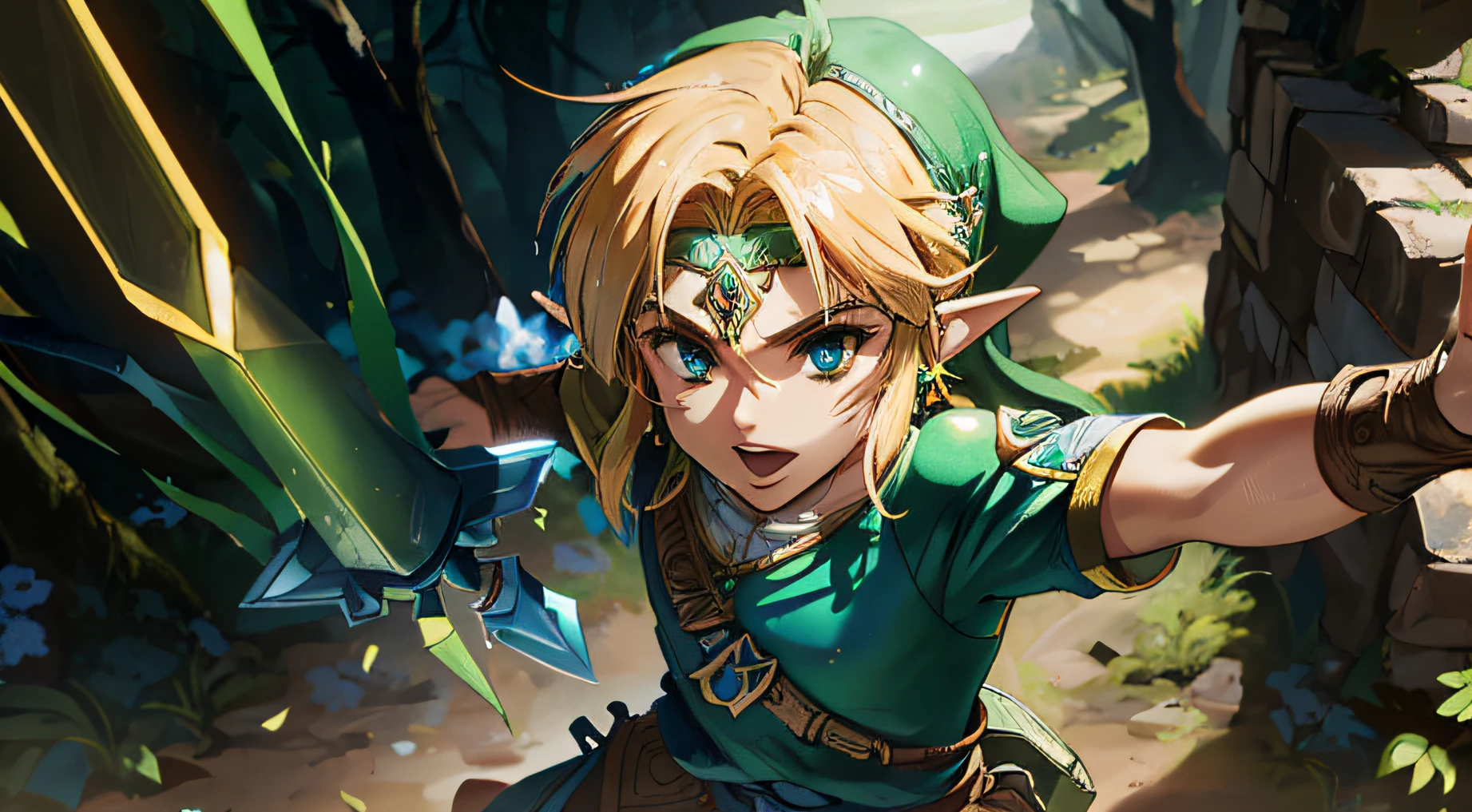 um close up de uma pessoa segurando uma espada e um escudo em uma floresta, Um retrato de Link, link de Zelda, Link de The Legend of Zelda, iconic character splash art, Um guerreiro esmeralda loiro
