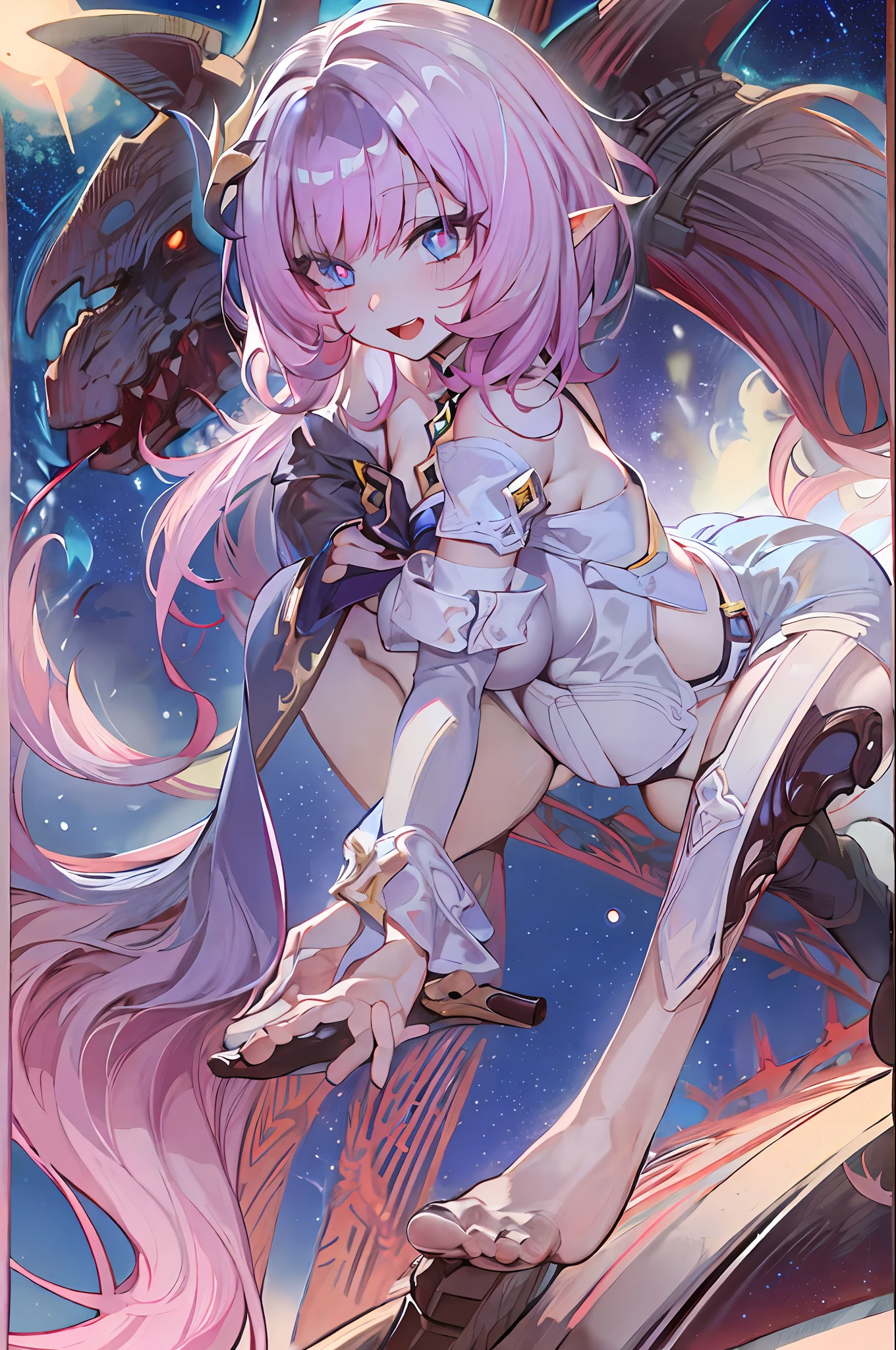 (Realistic painting style:0.9), masterpiece, best quality, absurdres, elysia (miss pink elf) (honkai impact), slit pupils, elysia (honkai impact), elf, pointy ears, 1girl, breasts, cleavage, pink hair, solo, hair ornament, smile, blue eyes, long hair, looking at viewer, open mouth, bangs, :d, sky, star (sky), black shorts, large breasts, starry sky, shorts, night sky, arms behind back, night, long sleeves, pink pupils, no shoes, no ocks, bare feet, vampire, vampire teeth
