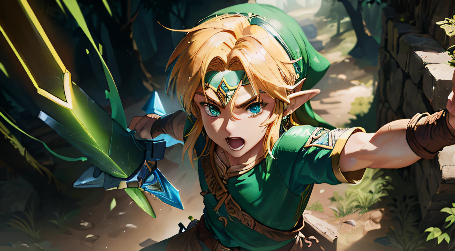 a close up of a person holding a sword in a forest, a portrait of link, link from zelda, link from the legend of zelda, portrait of zelda, zelda, link the movie, zelda style art, high detailed official artwork, link from zelda using computer, artgerm detailed, extremely detailed artgerm, iconic character splash art, a blonde emerald warrior