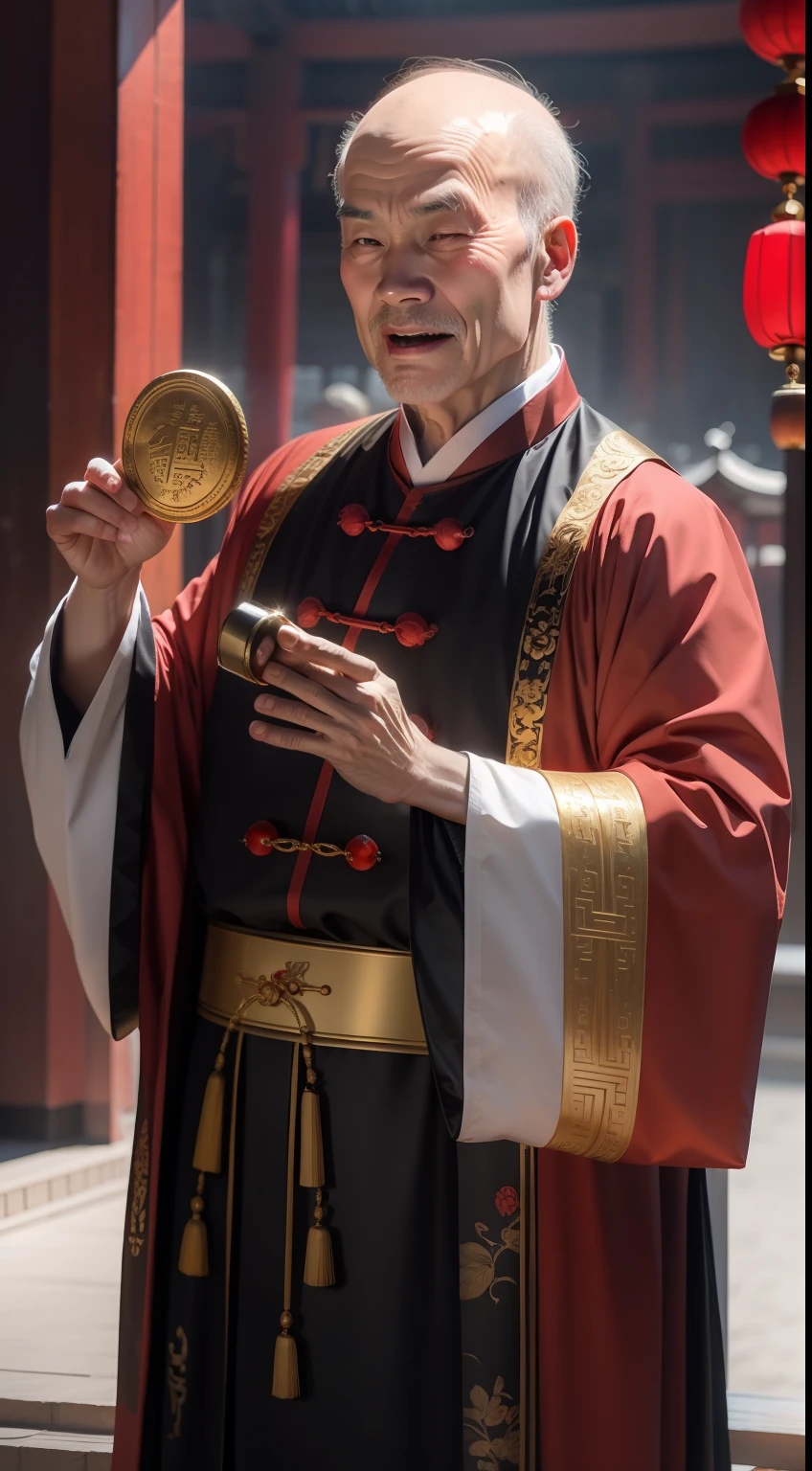 Han Chinese,A balding old man wearing a traditional Chinese cassock,Holding a gold ingot in his hand,red colour,jubilation,a cassock,Temple,k hd,真实感,超高分辨率,Prayer beads