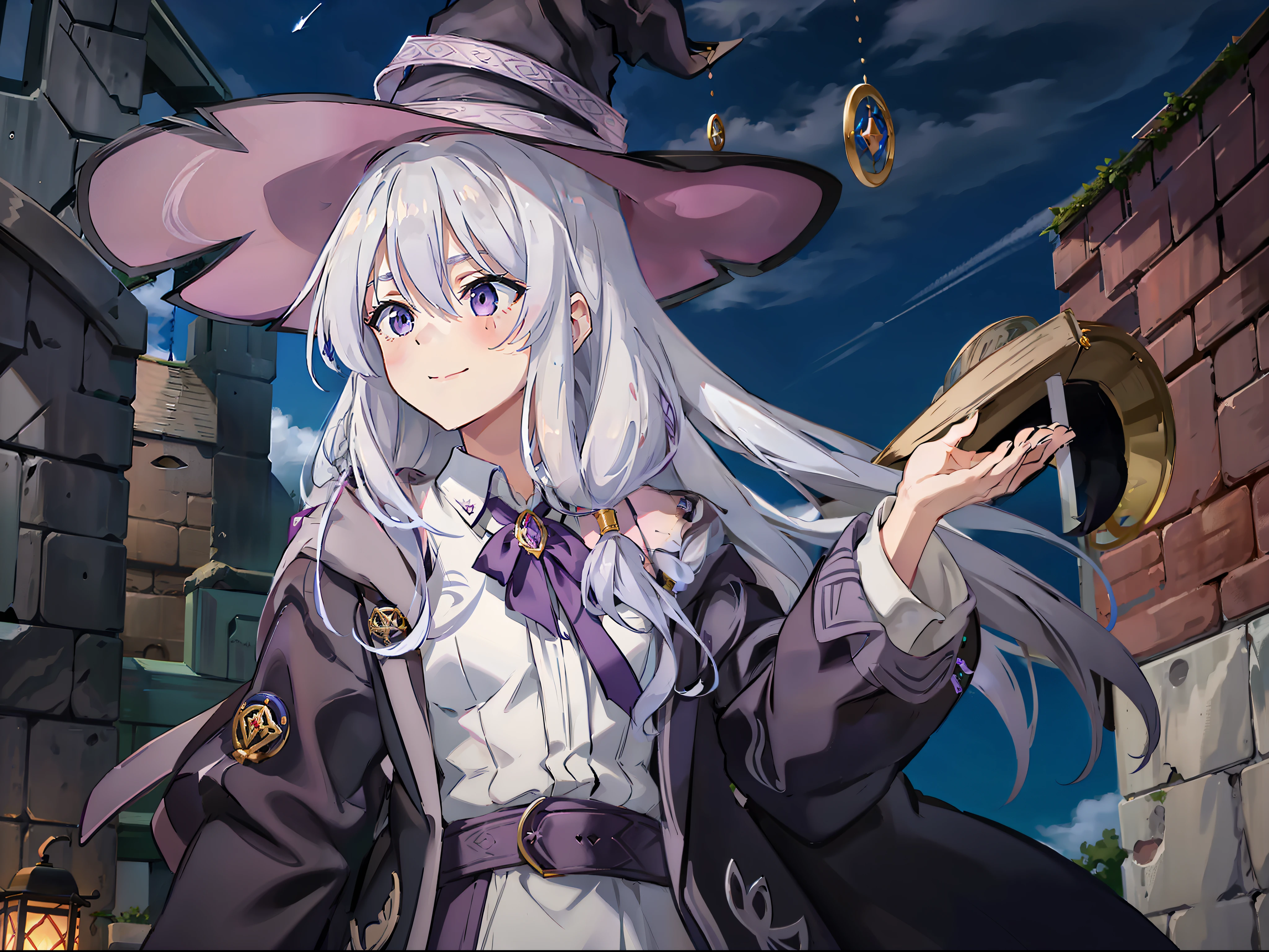 1womanl，Purple eye，Silvery hair，long whitr hair，Irena，filigree，exteriors，Building，broom，The Witch，Badges，White color blouse，Magic Hat，ssmile