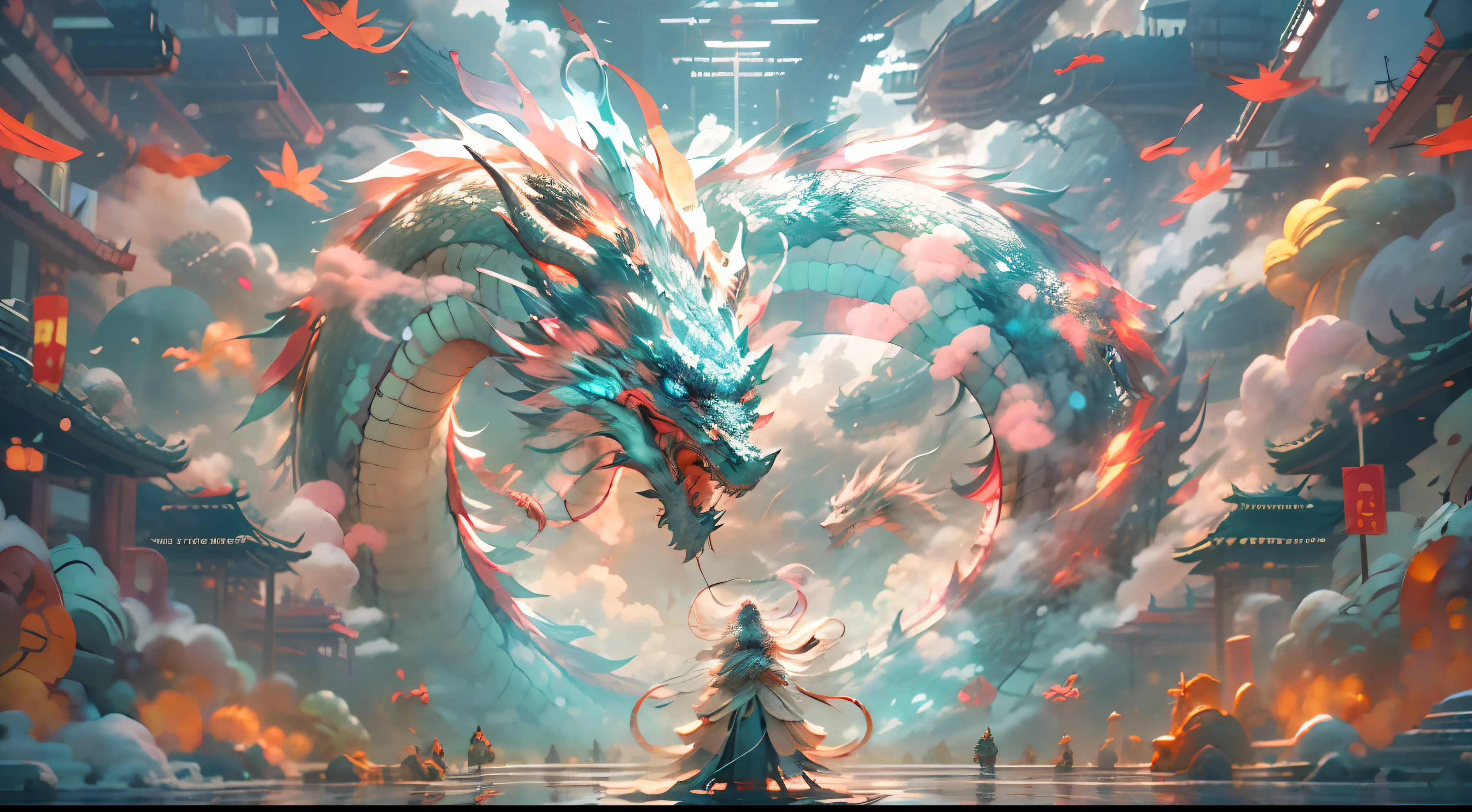 The Chinese White Divine Dragon soared into the air,(Girl manipulates dragons:1.3),(The girl has her back to the camera:1.3),Sky clouds surround the surroundings,Light magic,Fantastic background,Meaning background,Ridiculous background,There are artistic overlays,multicolored hair, surrealism, Cinematic lighting, Ray tracing, god light, speed-line, angle of view, hyper HD, Masterpiece, Best quality, Super detail, A high resolution, High quality,(Far view:1.3)