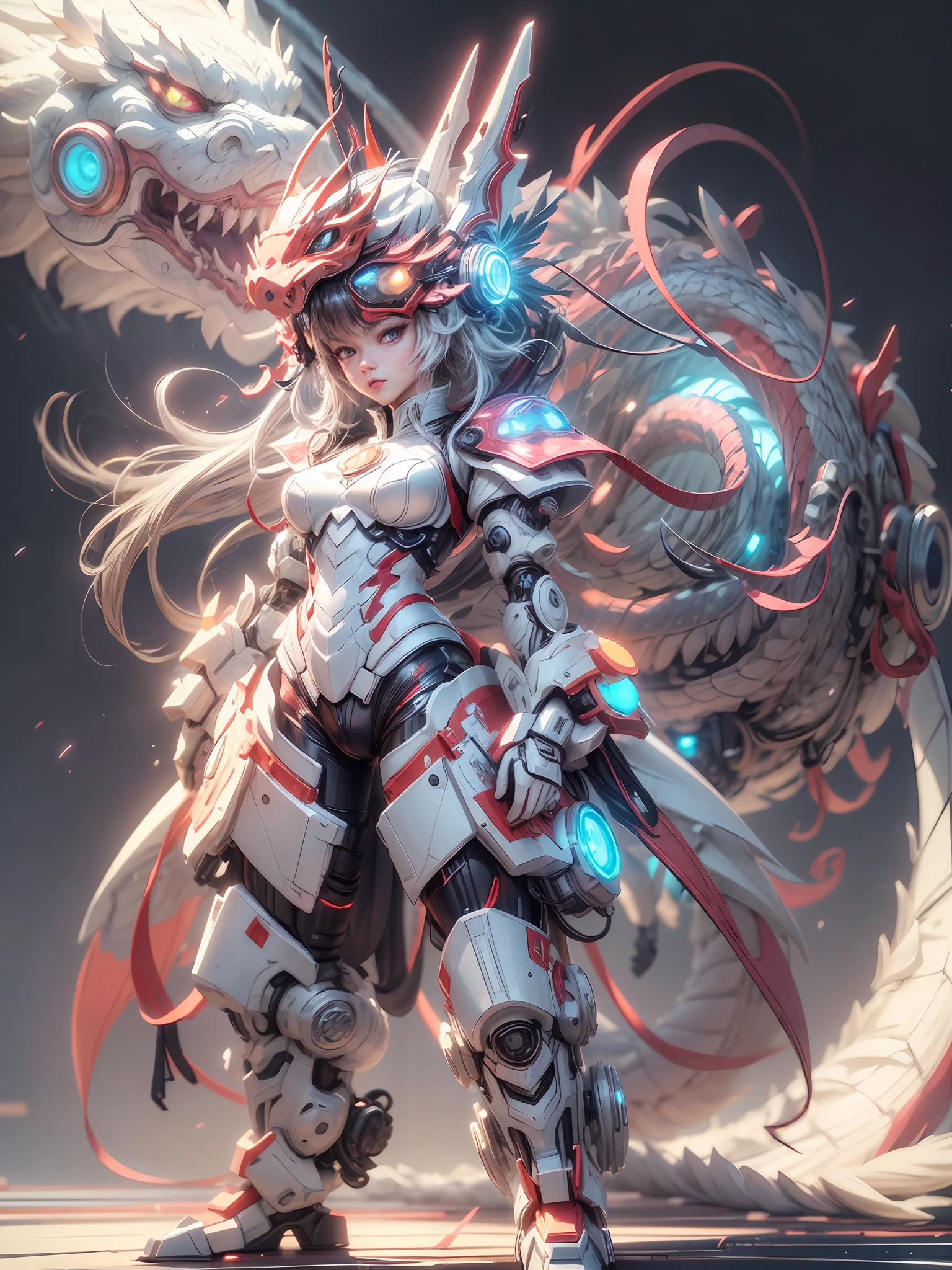 chinesedragon, (blind box toy style:1.2), (Full Body Shot) , 1 Transparent girl,Behind him is a transparent and Chinese dragon, Transparent mecha, Exquisite Helmet:1.2, glowing goggles:1.2, Cyberpunk, Dreamy Glow, Luminous neon lamp, clean, white background, ( Global illumination, raytracing, HDR, unreal render,reasonable design, high detailed, masterpiece, best quality, UHD, Cinematic Lighting)