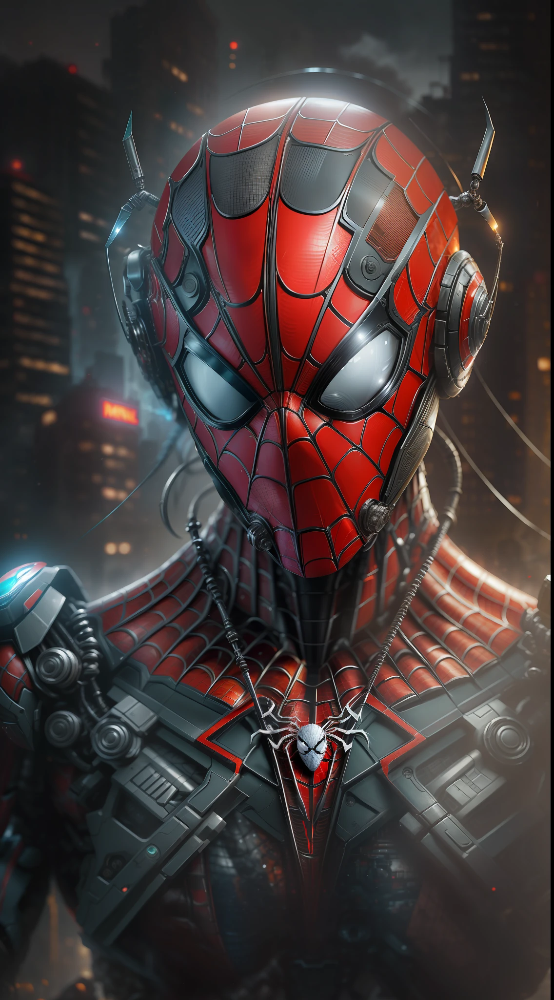 The Savage Spider-Man from Marvel photo, biomechanical, complex robot, full growth, hyper-realistic, insane small details, extremely clean lines, cyberpunk aesthetic, a masterpiece presented at Zbrush Central