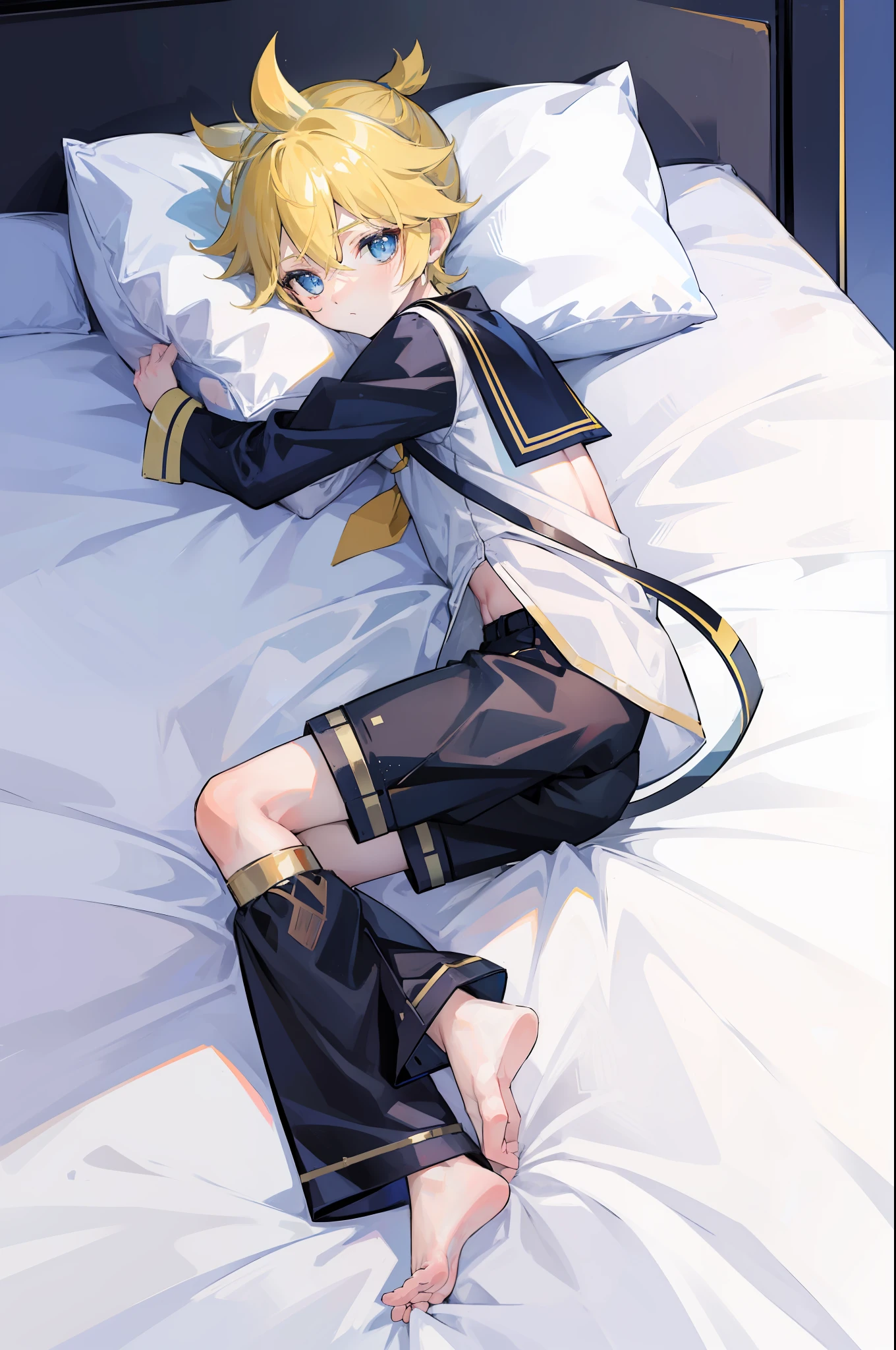 best quality, ultra precision, (one boy), (Len_kagamine), blue eyes, sailor uniform, black short pants, cowlick, on bed, lying on bed, hugging pillow, innocent, pure, character focus, slender, full body, cool