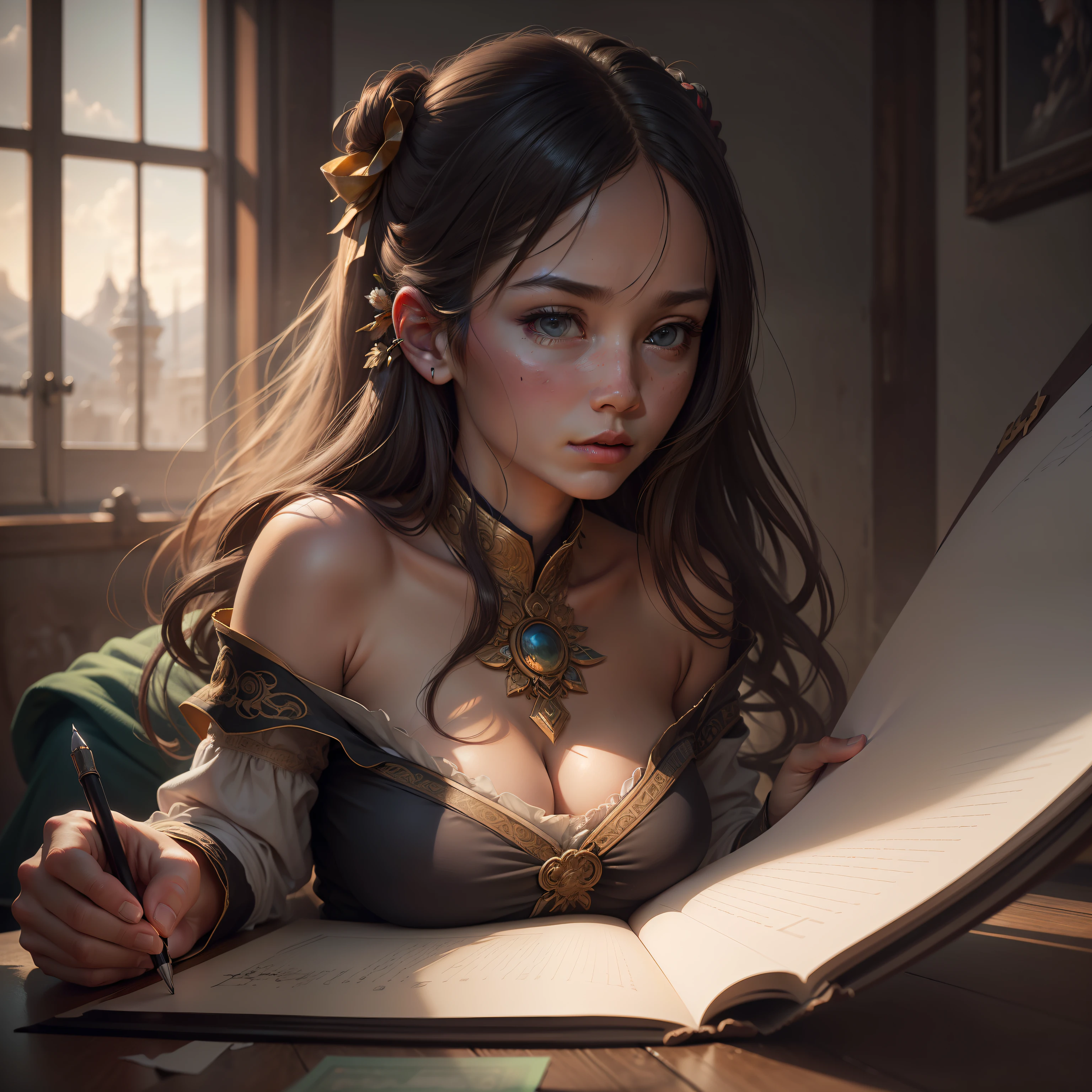 (RAW photo, best quality), (realistic, photo-realistic:1.3),best quality,highly detailed,masterpiece,ultra-detailed,illustration,1girl,upper_body,dynamic angle,world masterpiece theater,messy_long_hair,best quality,extremely detailed CG unity 8k wallpaper,ink,Amazing,cinematic lighting,lens_flare, dunhuang_style