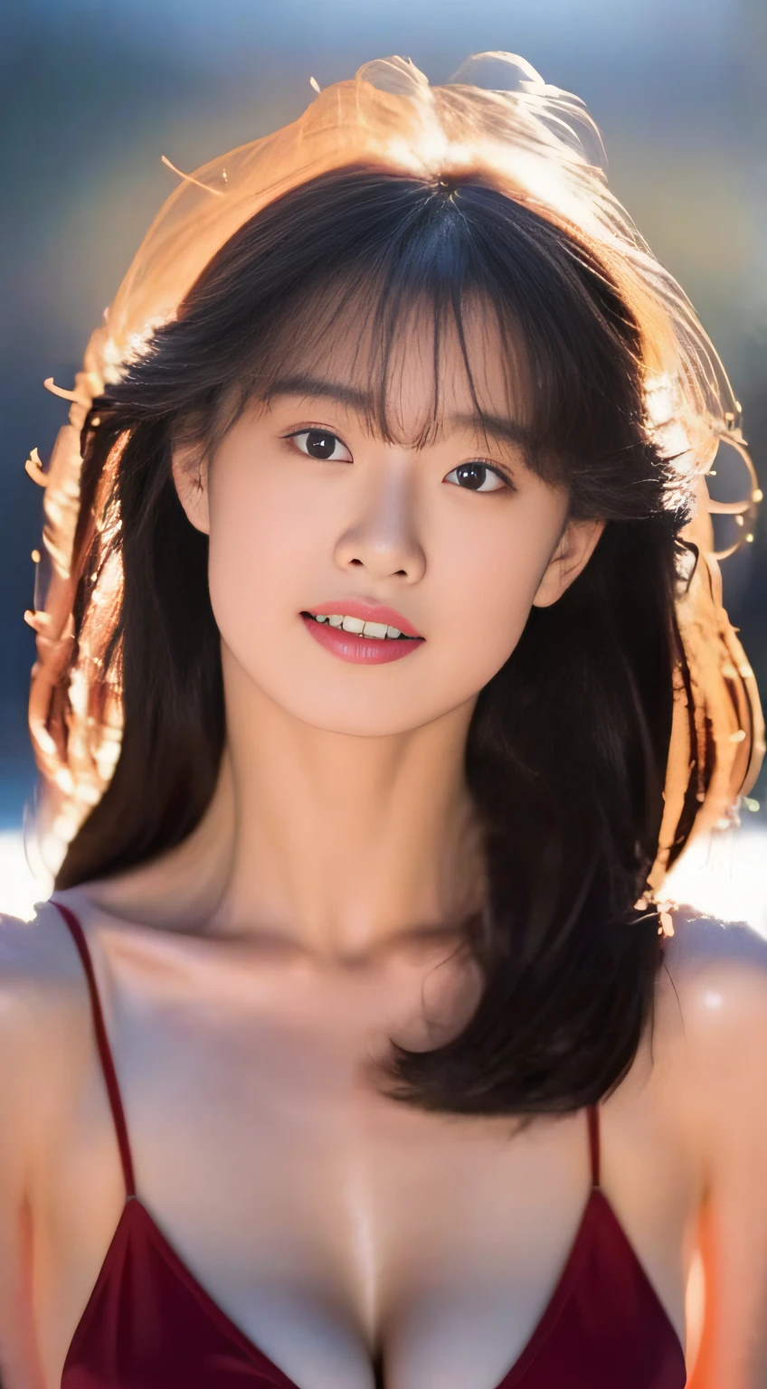 top-quality。８K-Picture。Young gravure idols。Beautiful Women in Perfect Style。Slender but big breasts。The attraction of the gap。Slim abs。dark brown  hair。(Colossal tits：1.4)。kawaii eyes。Double eyelids。long, Wavy Hair。Very delicately drawn face。Perfect Style。Shot in a red swimsuit。(The fate of gravure idols、Colossal tits：1.4)。Subtle smile or shyness。