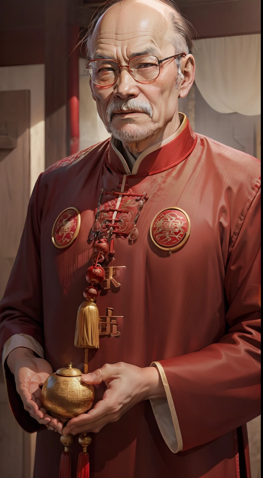 Han Chinese,A balding old man wearing a traditional Chinese cassock,Holding a handful of gold ingots,red colour,jubilation,a cassock,Temple,k hd,真实感,超高分辨率,Prayer beads,Wealth