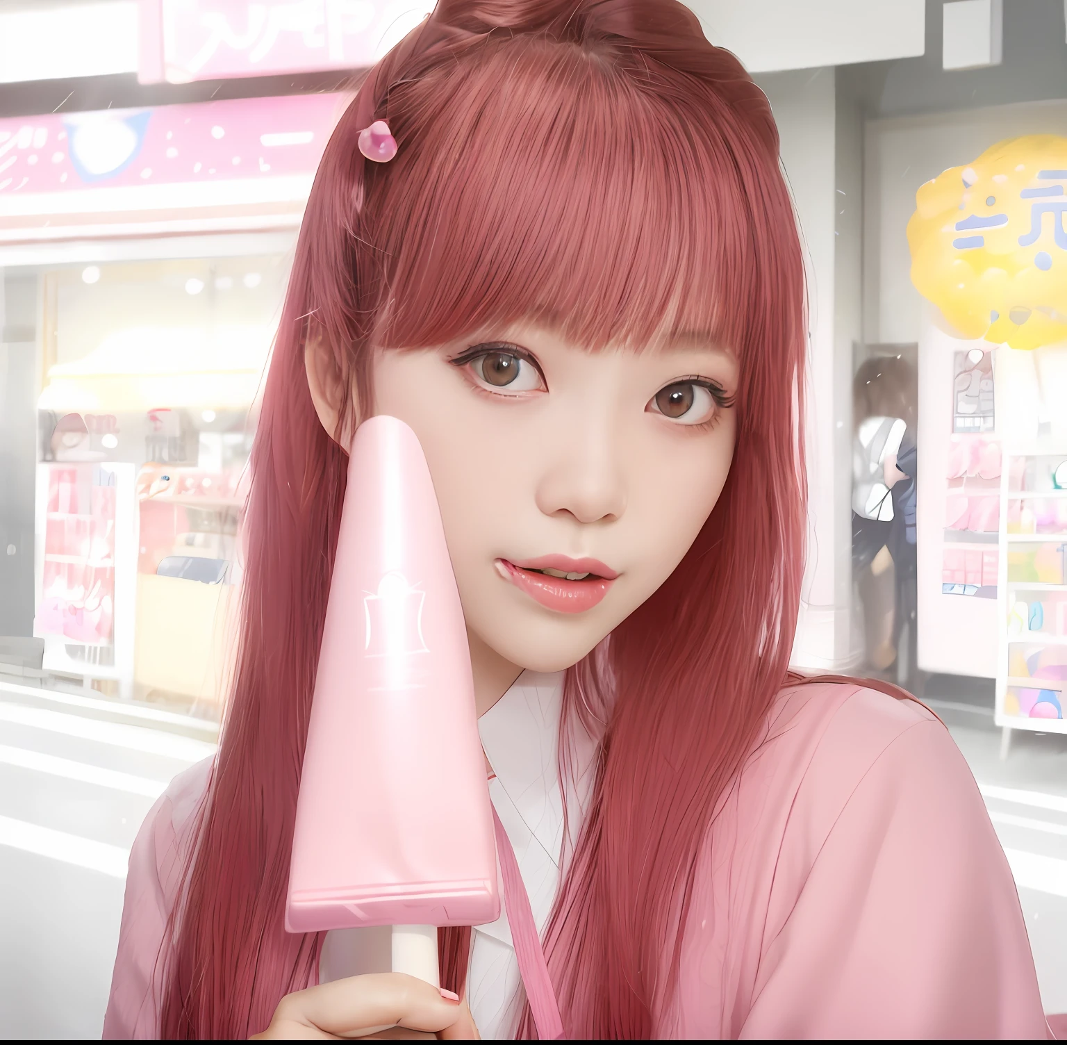 Arapei girl holding pink ice cream in front of her face, sakimichan, lalisa manobal, shikamimi, jaeyeon nam, kimi takemura, Sakimican, Kim Do-young, chiho, ulzzangs, wan adorable korean face, tzuyu from twice, Korean Idol, Lee Ji-eun