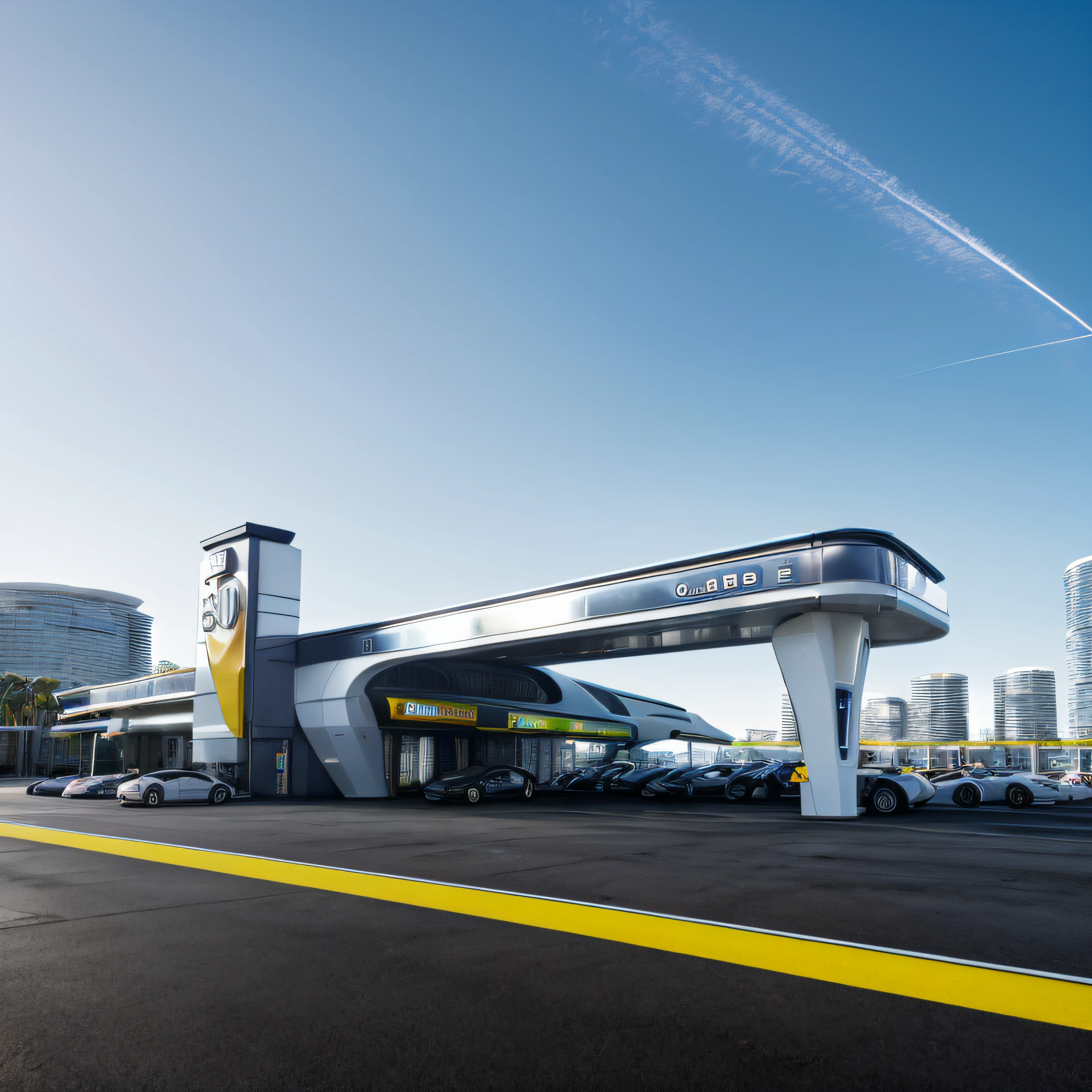 ((Masterpiece, Best quality)), 8K,gasstation，Canopy，pillar， modern architectural style, The color is bright，Space elements，epcot，photographrealistic, hyperedetailed photo, Clean skies, Lots of cars，lots of people，The atmosphere is lively，Ruined city, cyber punk perssonage, Sateen
