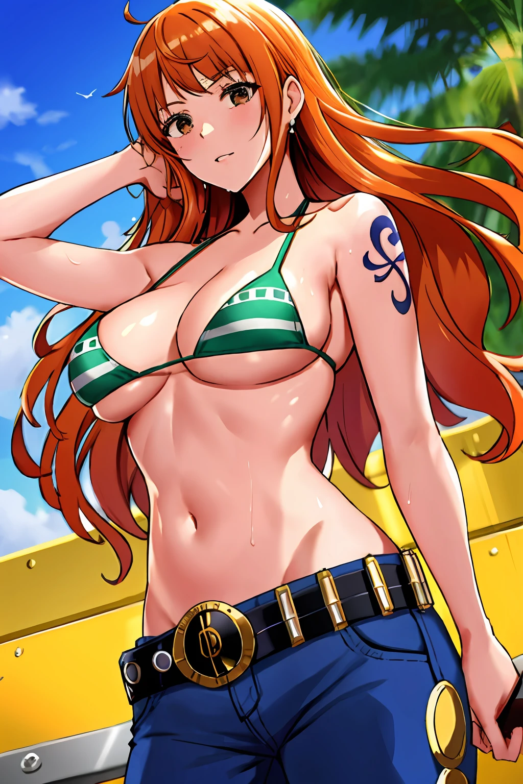 detailed background, masterpiece, 4k, best quality, late youth, adult, wrestler body, 1girl, active, energic, uppercut, (large mouth) , solo, nami \(one piece\), 1girl, bangle, (very wet, drenched in sweat, sweat all over body, very wet hair, tired, taking breath, open mouth, hand on stomach, sweaty face, sweaty body, panting, sweating too much, shiny sweat, sweat stains, leaning, tilting), perfect detailed face, bold drawing lines, muscular arms, detailed bold arm lines, flat jaw, adult woman, wavy wide streaked bangs, floating bang streaks, (big cheeks), bare shoulders, off-shoulders, belt, bikini, bikini top only, blue sky, bracelet, springy breasts, breast lines, big round eyes, plain big brown shiny eyes, bubbles, high eye position, cleavage, cloud, day, denim, earrings, floating hair, shiny hair, green belt, green bikini, bold groin lines, jeans, jewelry, large breasts, log pose, long hair, looking at viewer, navel, wet hair, orange hair, pants, shoulder tattoo, sidelocks, sky, solo, standing, stomach, swimsuit, tattoo , looking at viewer, open mouth, detailed left arm, big forehead, hourglass figure, small head, toned body, wide hair, wind effect, sun effect, under the sun, narrow small ears angle, older, random poses,