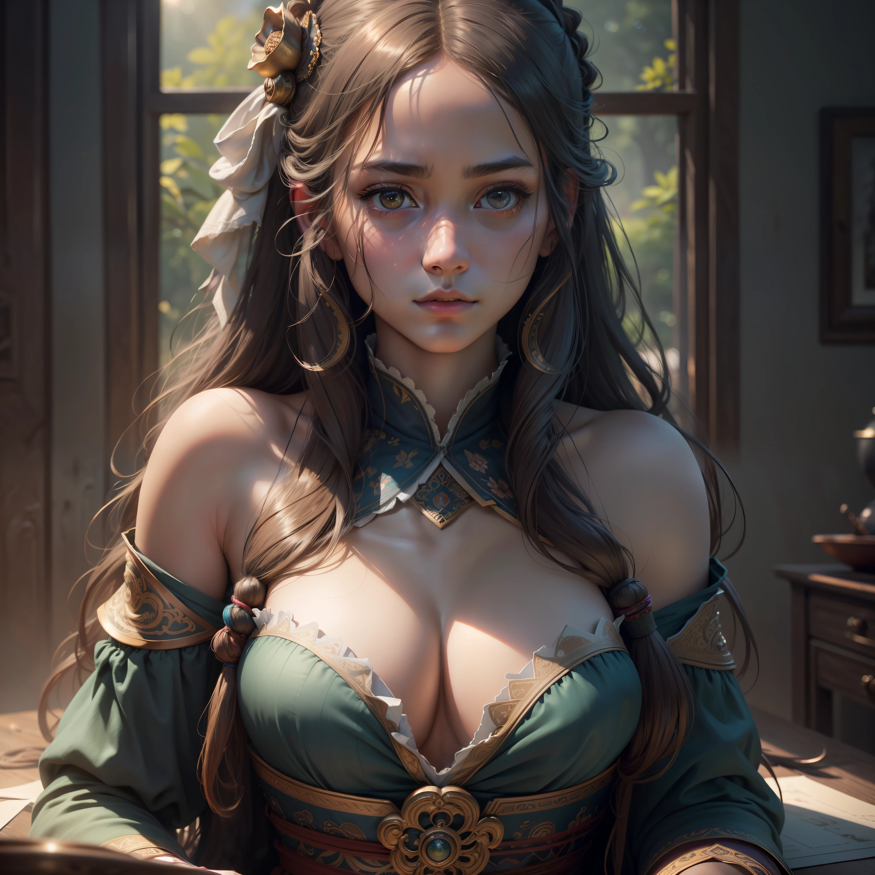 (RAW photo, best quality), (realistic, photo-realistic:1.3),best quality,highly detailed,masterpiece,ultra-detailed,illustration,1girl,upper_body,dynamic angle,world masterpiece theater,messy_long_hair,best quality,extremely detailed CG unity 8k wallpaper,ink,Amazing,cinematic lighting,lens_flare, dunhuang_style