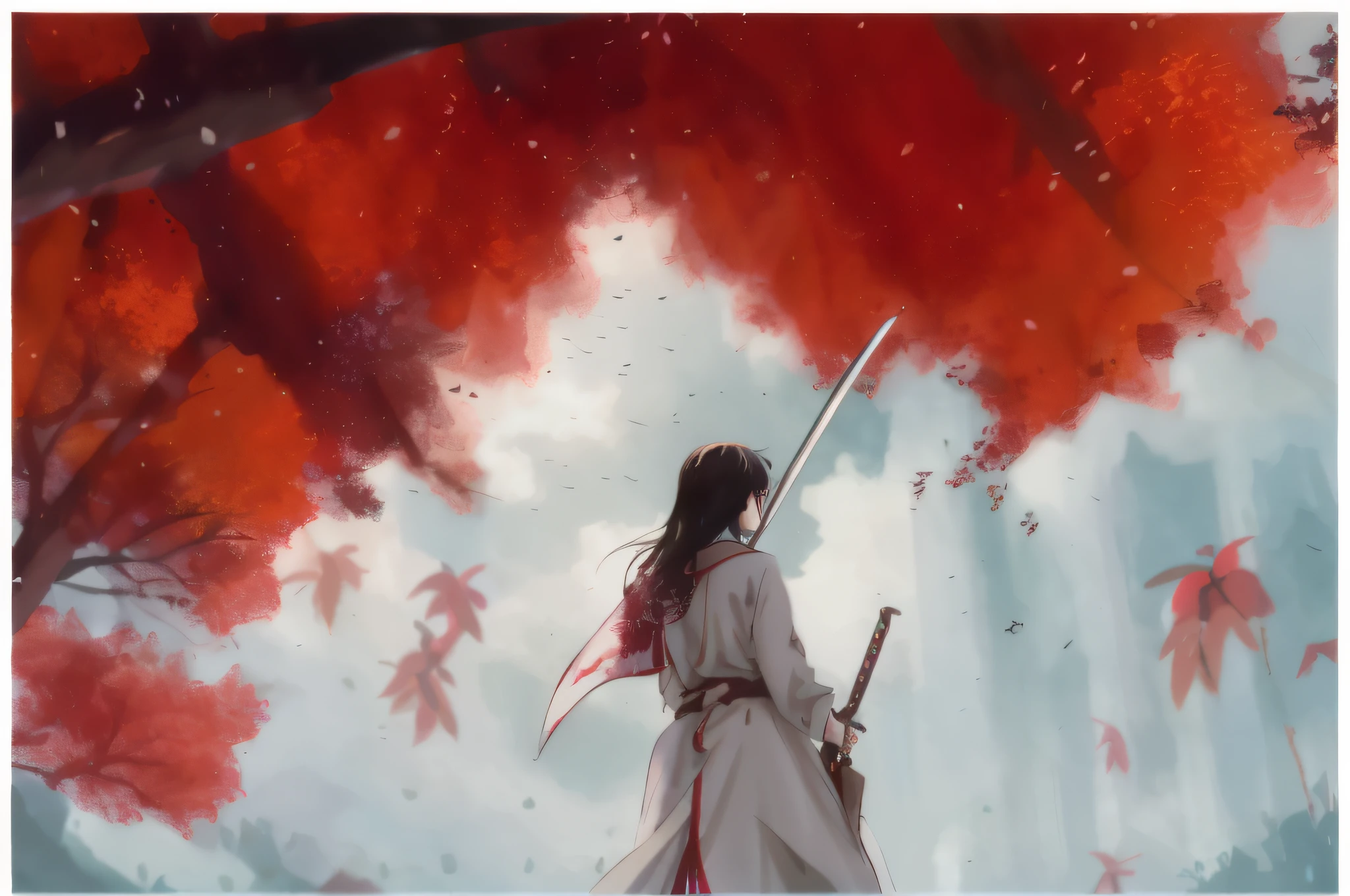anime - style painting of a woman with a sword in a red forest, 4k manga wallpapers, Badass anime 8 K, style of anime4 K, Anime art wallpaper 8 K, Anime art wallpaper 4 K, Anime art wallpaper 4k, 4K anime wallpaper, Anime epic artwork, Anime wallpaper 4 k, Anime wallpaper 4K, unsheathing her katana