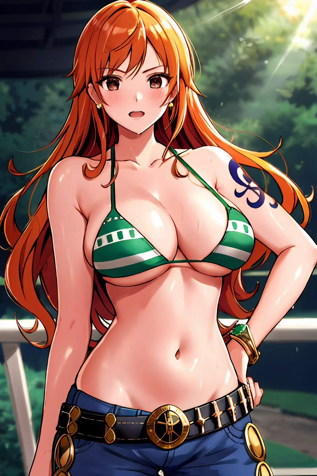 detailed background, masterpiece, 4k, best quality, late youth, adult, wrestler body, 1girl, active, energic, uppercut, (large mouth) , solo, nami \(one piece\), 1girl, bangle, (very wet, drenched in sweat, sweat all over body, very wet hair, tired, taking breath, open mouth, hand on stomach, sweaty face, sweaty body, panting, sweating too much, shiny sweat, sweat stains, leaning, tilting), perfect detailed face, bold drawing lines, muscular arms, detailed bold arm lines, flat jaw, adult woman, wavy wide streaked bangs, floating bang streaks, (big cheeks), bare shoulders, off-shoulders, belt, bikini, bikini top only, blue sky, bracelet, springy breasts, breast lines, big round eyes, plain big brown shiny eyes, bubbles, high eye position, cleavage, cloud, day, denim, earrings, floating hair, shiny hair, green belt, green bikini, bold groin lines, jeans, jewelry, large breasts, log pose, long hair, looking at viewer, navel, wet hair, orange hair, pants, shoulder tattoo, sidelocks, sky, solo, standing, stomach, swimsuit, tattoo , looking at viewer, open mouth, detailed left arm, big forehead, hourglass figure, small head, toned body, wide hair, wind effect, sun effect, under the sun, narrow small ears angle, older, random poses,