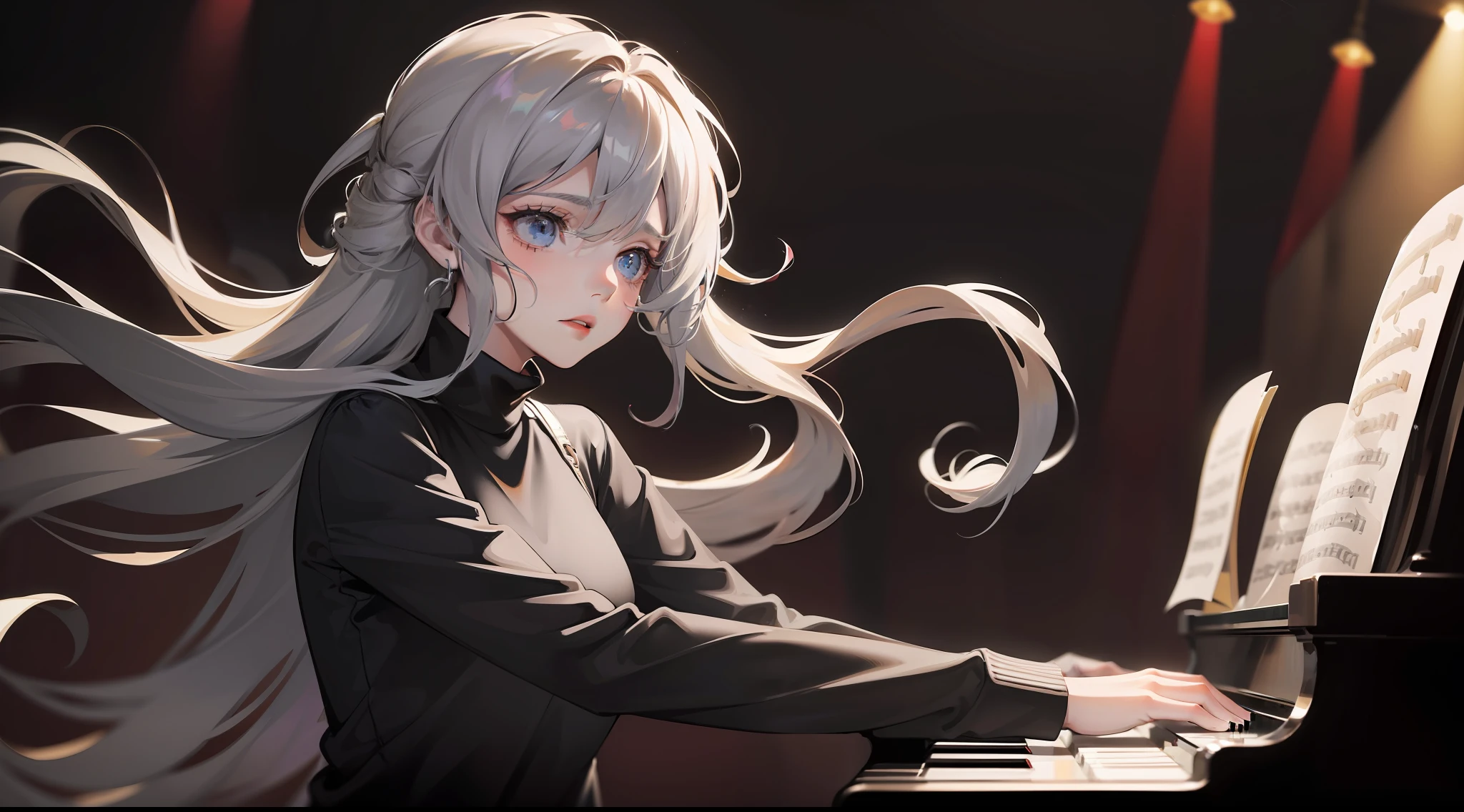 Girl has long wavy hair flowing in the air while she's emotionally playing PIANO and singing while looking sad, she wears black turtleneck. In a dark room that has only one sunlight, a sad atmosphere. SHE IS PLAYING THE PIANO