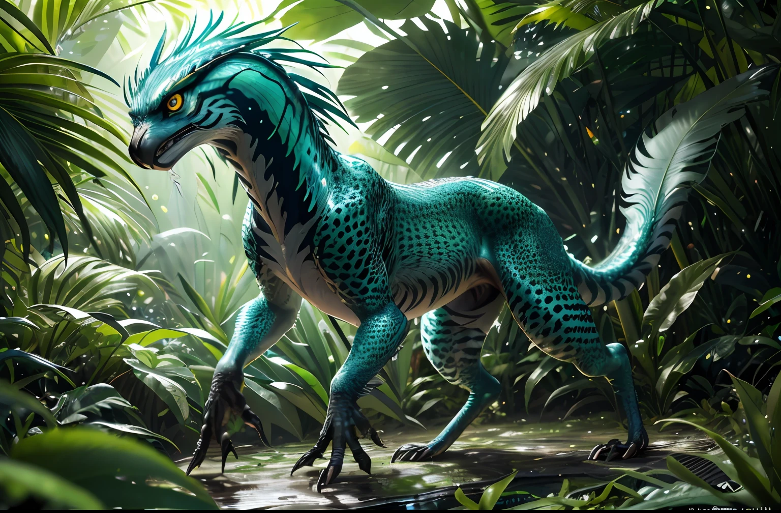 four-legged fast creature, like a greyhound, predator creature with (long monkey tail), slim like cheetah with green feathers and beak. predator creature like gepard with feathers ((four legs)) slender, long body with feathers, green gepard body with feathers, long legs creature with transparent and lighting body, walking on all six legs, owl head, lemur head, ((four eyes)), creature stalks like a hunting lion,jellyfish transparent body, 4 leghs, in the jungle, jungle, rain forest, high image quality, realistic look, high-resolution photography, 8K, full-frame matrix, deep shadows, ((one character)), (intricate details, subsurface scattering, hyperdetailed:1.15), (hyperrealism, volumetric lighting, sharp:1.5) Fujifilm XT3