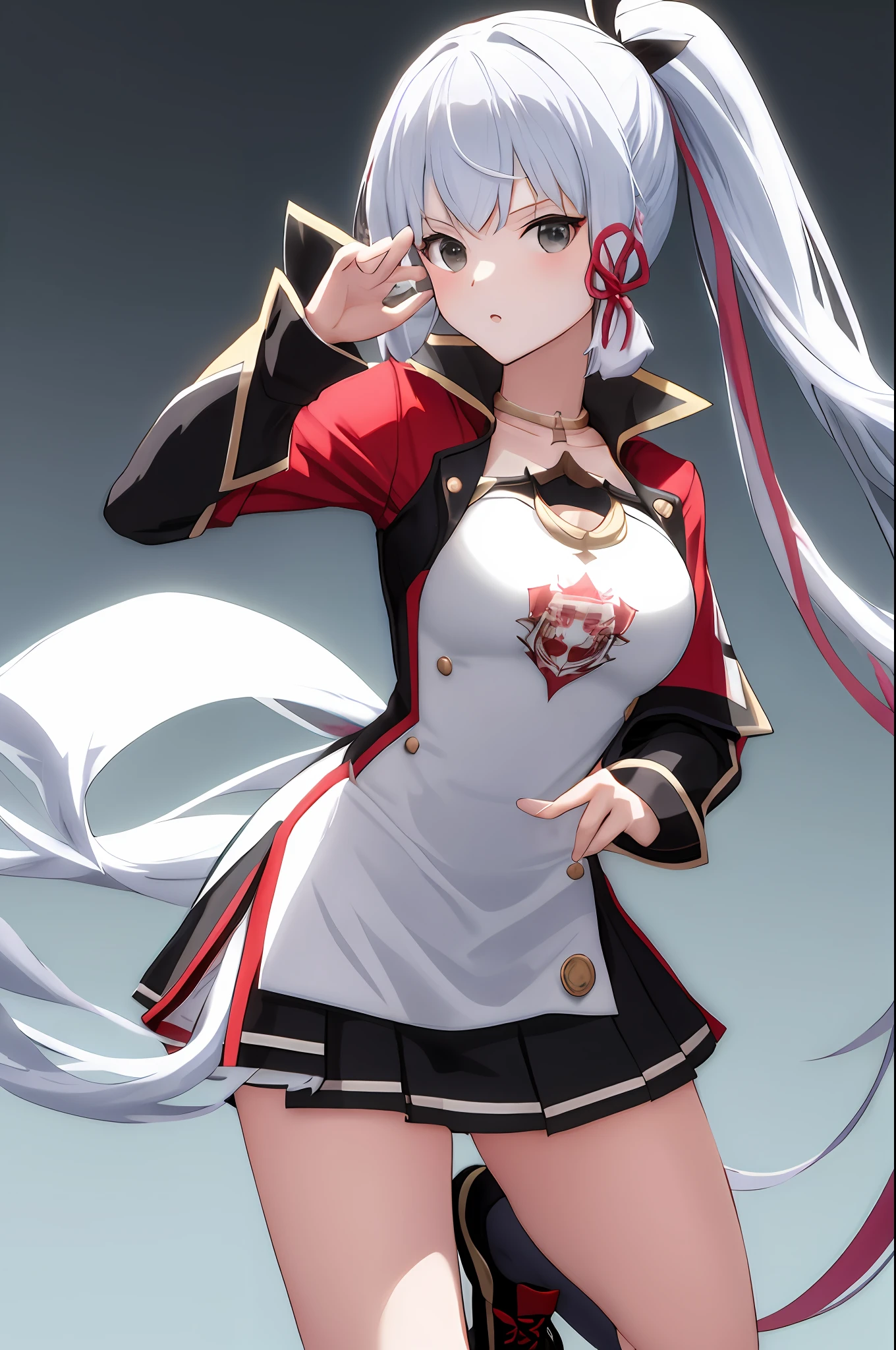 Expose part of the breast，black long socks，Be red in the face，Pose seductively，white  clothes，White color hair