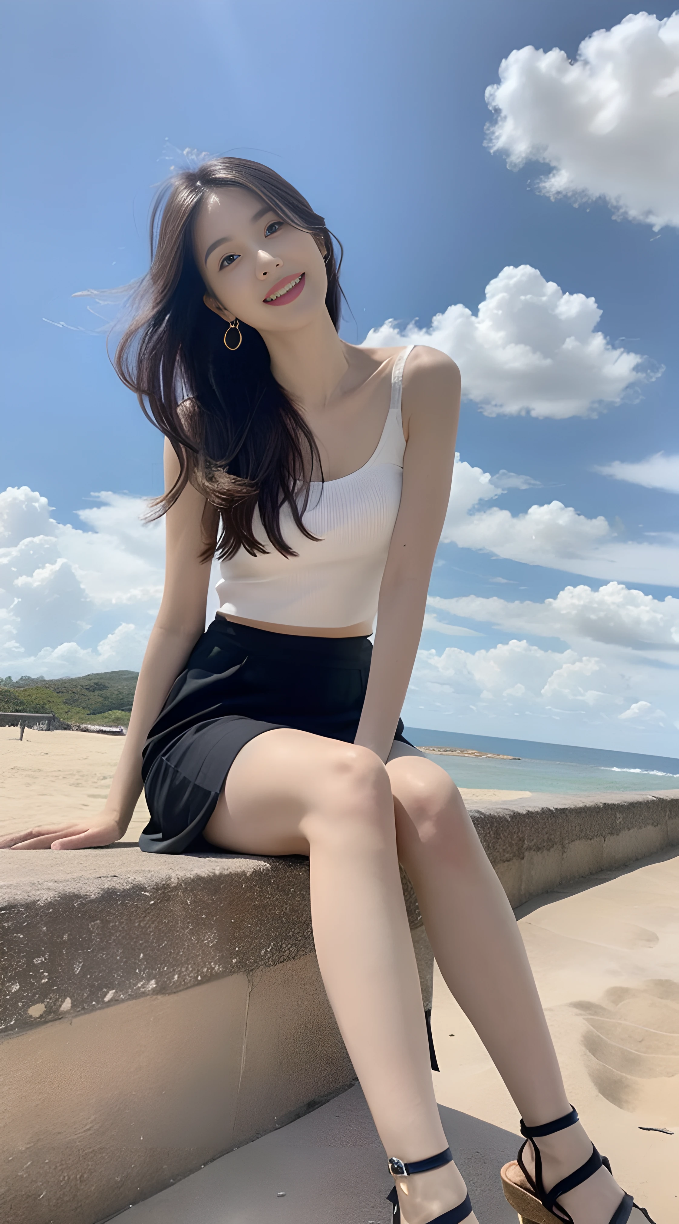 a young, Beautiful cute girl，Full body photo，Extremely beautiful and delicate，Black color hair，A sweet smile，Delicate and beautiful fair skin，Realistic and realistic，exquisite and complete facial features，Detailed depiction of the face，tall nose bridge，Smooth hair，extremely detail hair，Feminine temperament，Tall and tall，Thin，Realiy，White teeth，Tied up with hair，Hyper-realism，sandals，full body shot shot，Forward tilt angle,Extreme picture quality,Highest precision,Precise and perfect human anatomy。with blue sky and white clouds，with blue sky and white clouds，rays of sunshine，Cows, sheeps, (Chiffon skirt)（telephoto shot，）Express the landscape，Highlight portrait。Sitting on the beach by the sea。Wearing earrings