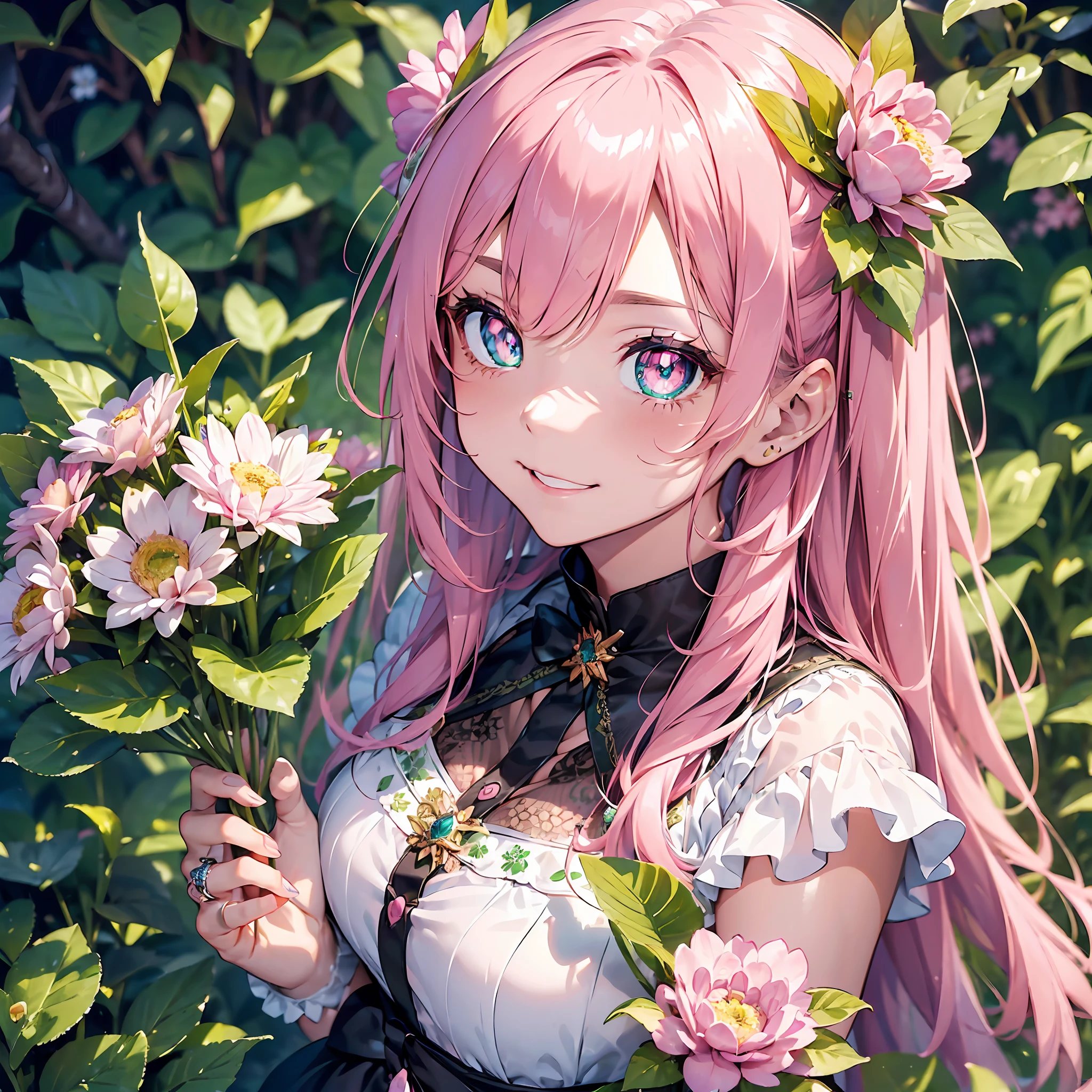 (Circular Ring:2)hand over a bouquet:2、Have a bouquet、goddes、angelicales、Angel wings、in woods、Shining sunshine(((masutepiece))),((ultra-detailliert,Best Quality, hight resolution, Beautiful clothes,)),fullllbody,Fulll body Shot (1 girl)((Pink hair, Long hair,Straight hair,two side up)) (Green eyes),eyeshadows, eye line,gloweyes, ultradetailed eyes, intricate eyes, Beautiful eyes, ((Glowing pink pupils))18-year-old girl.Floral scenery、Ring background、A smile