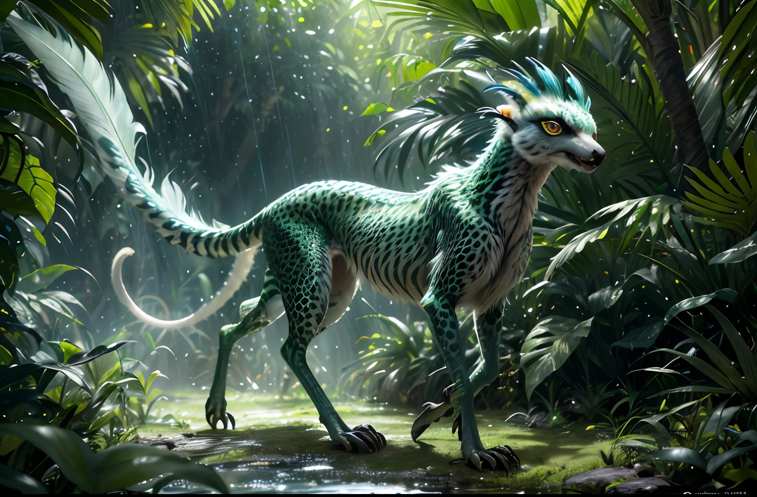 four-legged fast creature, like a greyhound, predator creature with (long monkey tail), slim like cheetah with green feathers and beak. predator creature like gepard with feathers ((four legs)) slender, long body with feathers, green gepard body with feathers, long legs creature with transparent and lighting body, walking on all six legs, owl head, lemur head, ((four eyes)), creature stalks like a hunting lion,jellyfish transparent body, 4 leghs, in the jungle, jungle, rain forest, high image quality, realistic look, high-resolution photography, 8K, full-frame matrix, deep shadows, ((one character)), (intricate details, subsurface scattering, hyperdetailed:1.15), (hyperrealism, volumetric lighting, sharp:1.5) Fujifilm XT3