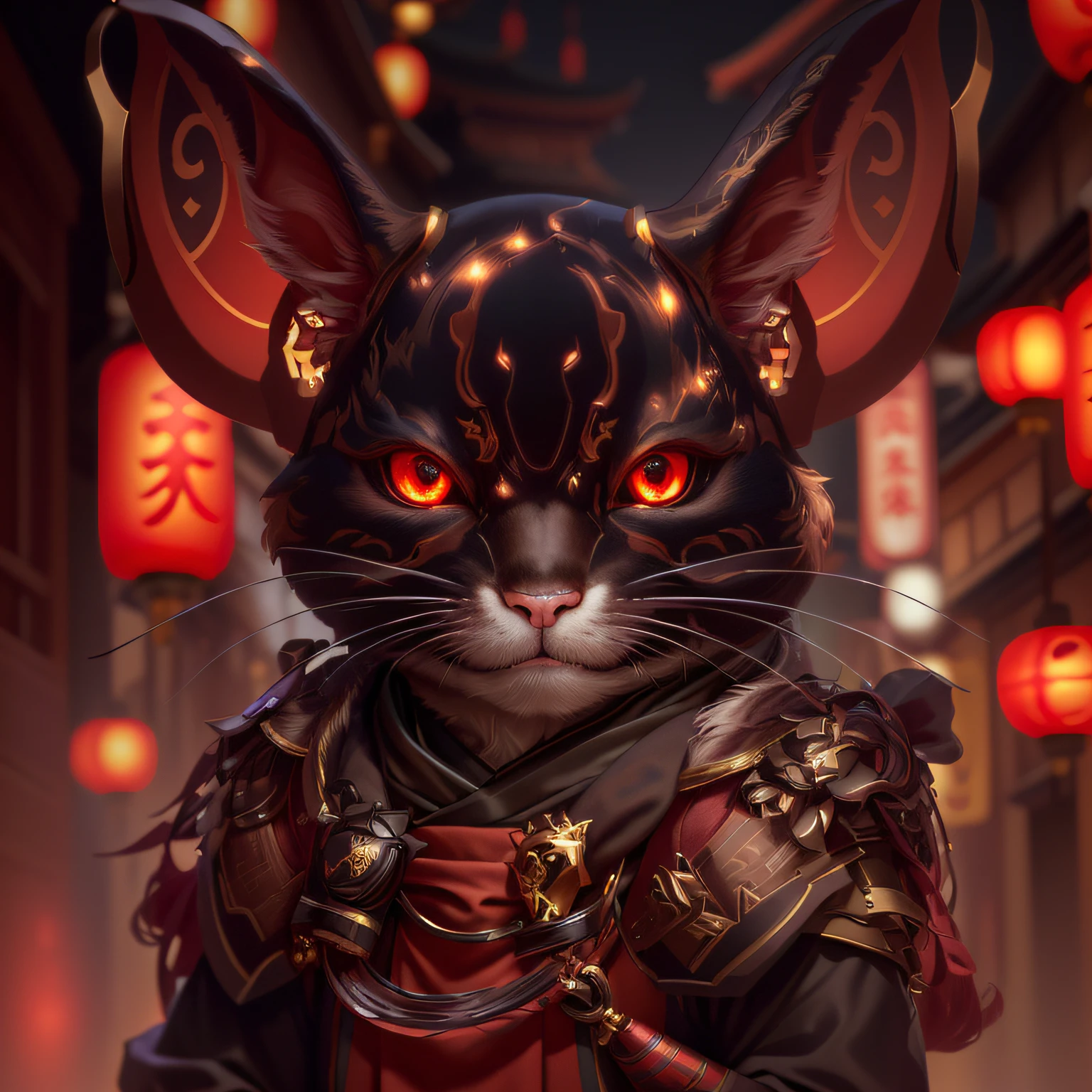 A mouse, magical, Anthropomorphic, Angry expression, Glowing eyes, Like a mask, Hanfu, Background Ancient Chinese Street, the night,Genshin Impact Impact, Best picture quality, High detail, high qulity, 超高分辨率, oc rendered, 8K