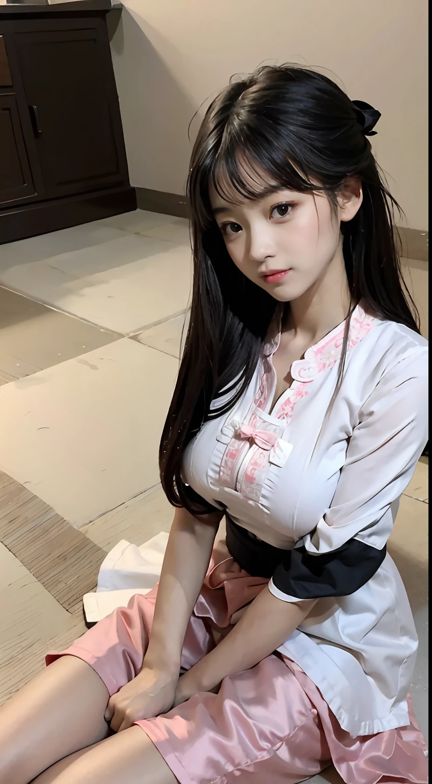 Master quality, highest quality, best picture quality, exaggerated details, a princess cute 8 year old asian with a shy expression, slightly squinted eyes, adjusting her hair, long eyelashes (long hair / very, very exaggerated big breasts, big tits / in hanfu pentticoat thin silk qipao dress, short skirt), posing sit in front of the camera, wet throught breast Petticoat