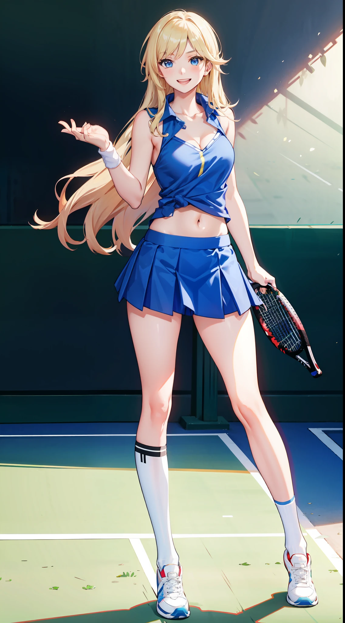 slim legs, laughing, cleavage, short skirt, navel, blue eyes, tennis player, thigh high socks, stand, blonde hair, long hair, short skirt